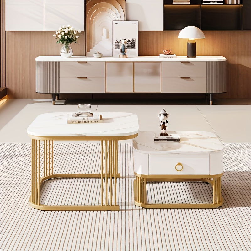 Salontafel Set – Koffietafel – Bijzettafel – Opbergtafel – Nesting Tafel – Hoogglans Wit Met Gouden Accenten – Uitklapbaar Design Met Lades