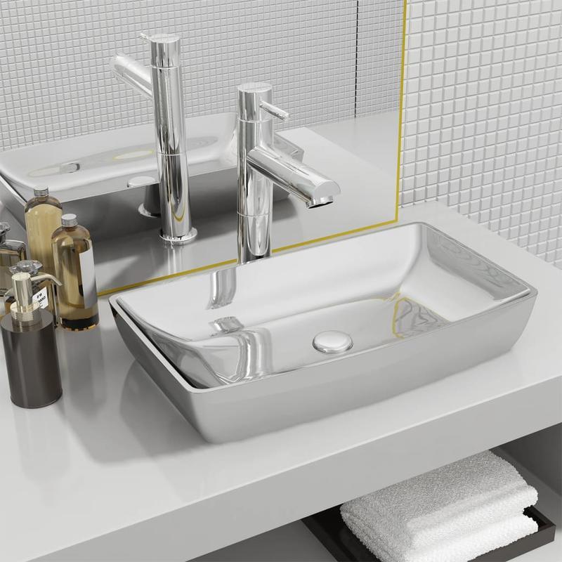 Wastafel – Lavabo – Fontein – Wasbak – Badkamermeubel – Keramiek Zilver – Afmeting 71x38x13,5 cm