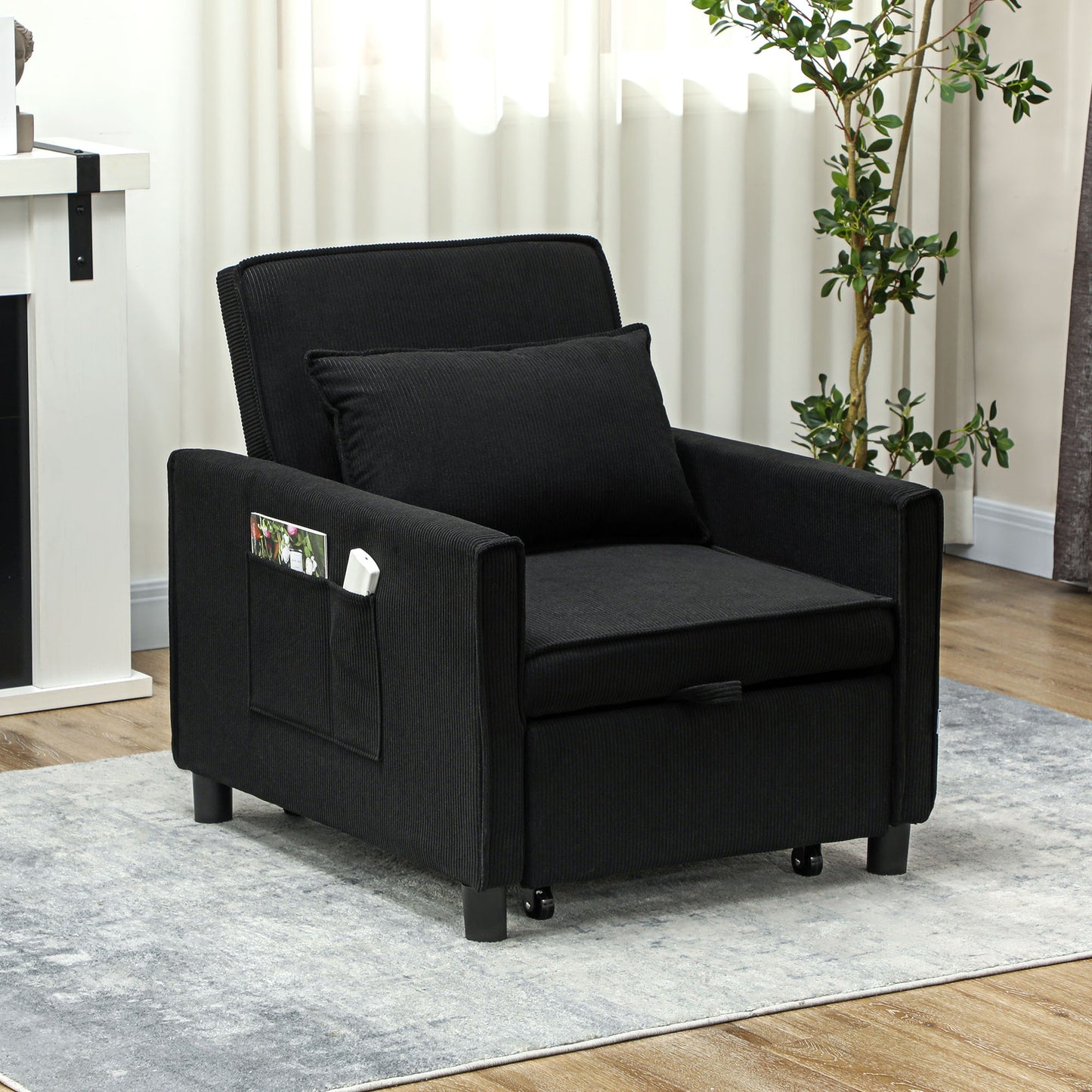 Slaapstoel – Slaapbank – Logeerbed – Slaapfauteuil – Vouwbed – Verstelbare Rugleuning – Cordstof Bekleding – Met Wieltjes en Zijvak – Blauw