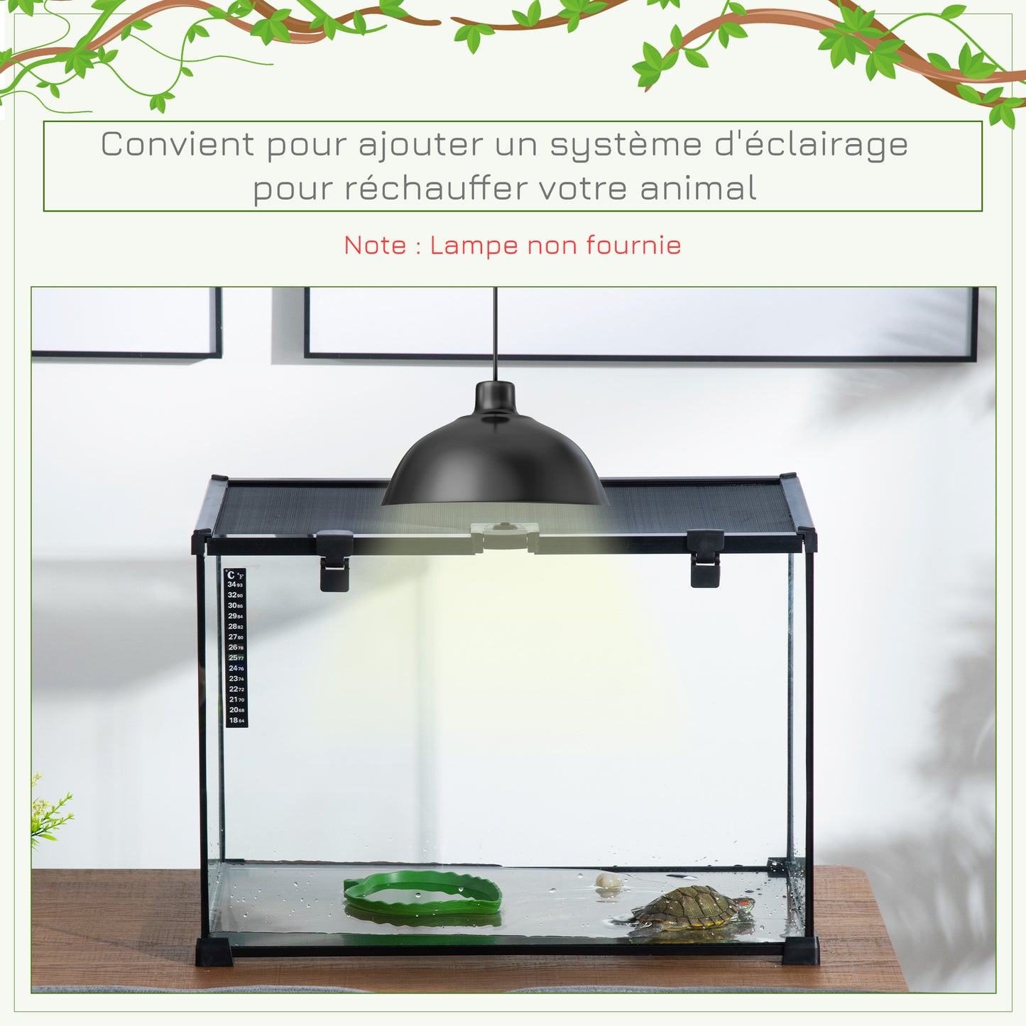 Terrarium – Reptiel Terrarium – Glas Terrarium – Reptielenkooi – Faunarium – Transparant Glas – Met Metalen Gaas – Inclusief Waterdistributeur en Thermometer – 50x30x35 cm