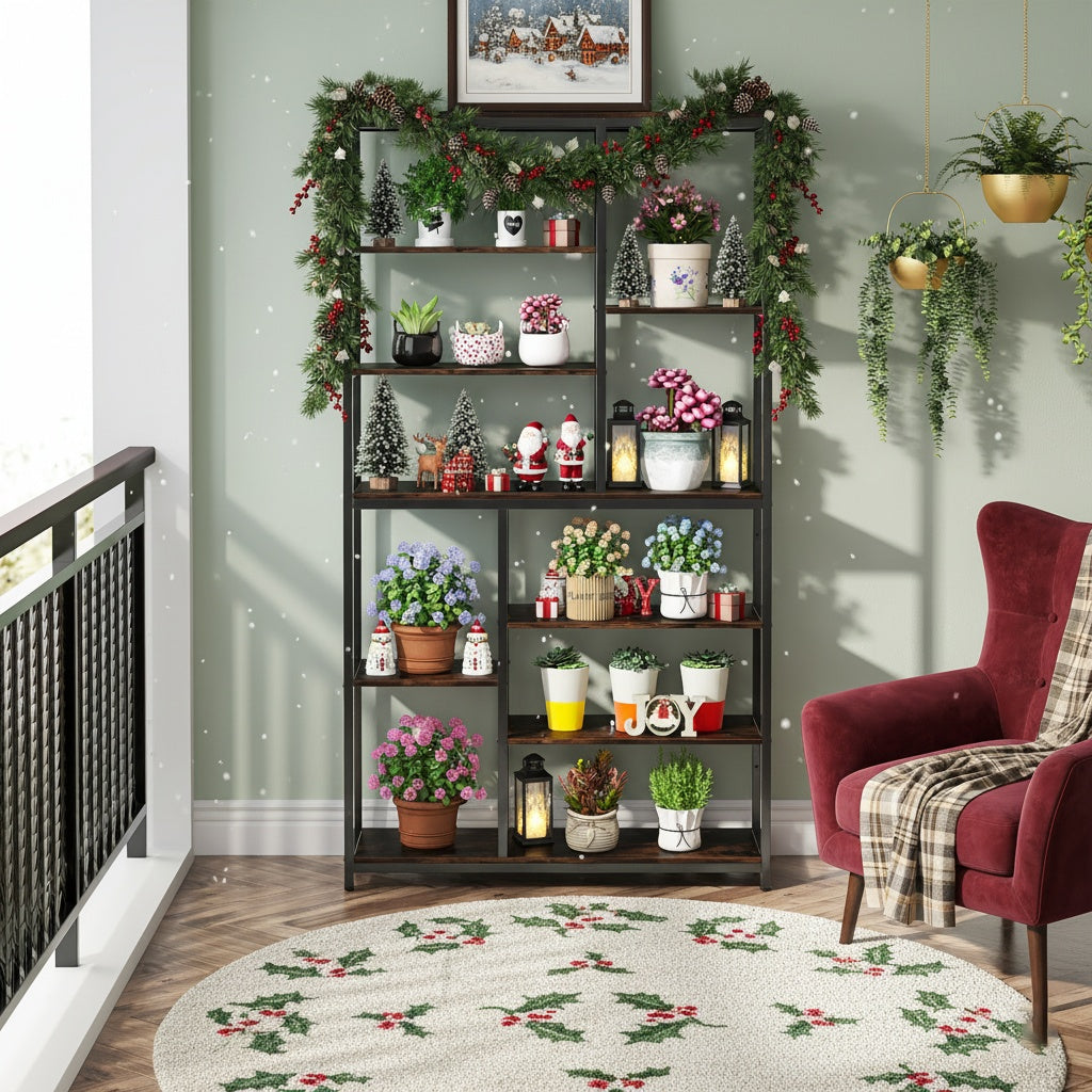 Boekenplank – Boekenkast – Opbergkast – Wandrek – Vakkenkast – Industrieel design – 8-laags Afgestag-erd Metalen Frame Met Hout – Grote Vrijstaande Opbergruimte van 200 cm Hoog