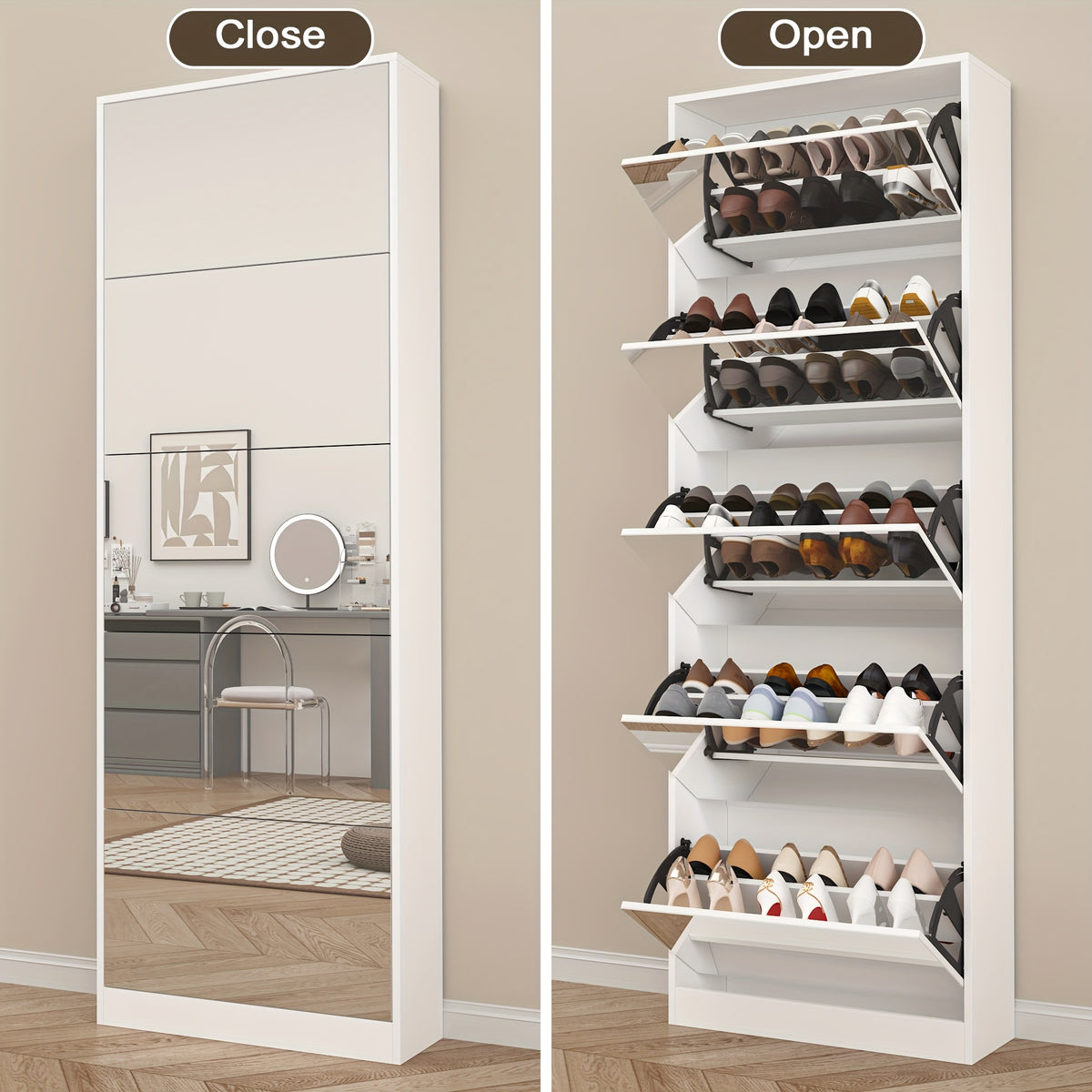 Shoe Storage Unit with a Full-Length Mirror, Featuring a Double Rack And Five Flip Drawers, Designed in White Wood for Organizing Shoes in Entryways, Hallways, And Corridors.