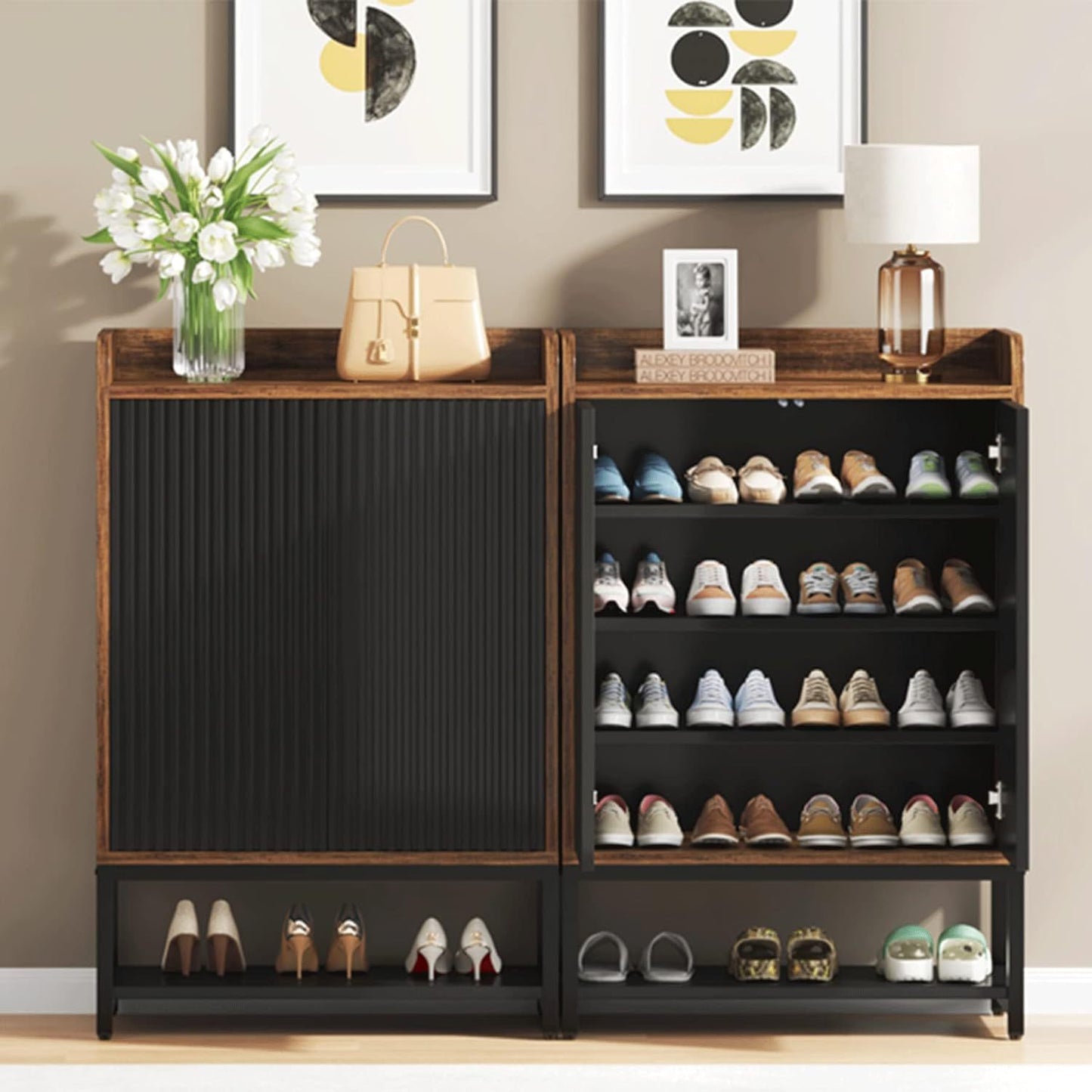 Shoe Cabinet with Doors, 5-Tier Shoe Storage Cabinet for Entryway Hallway, Wooden Shoe Rack Organizer Cabinet for 15-20 Pair of Shoes, Black and Brown (1)
