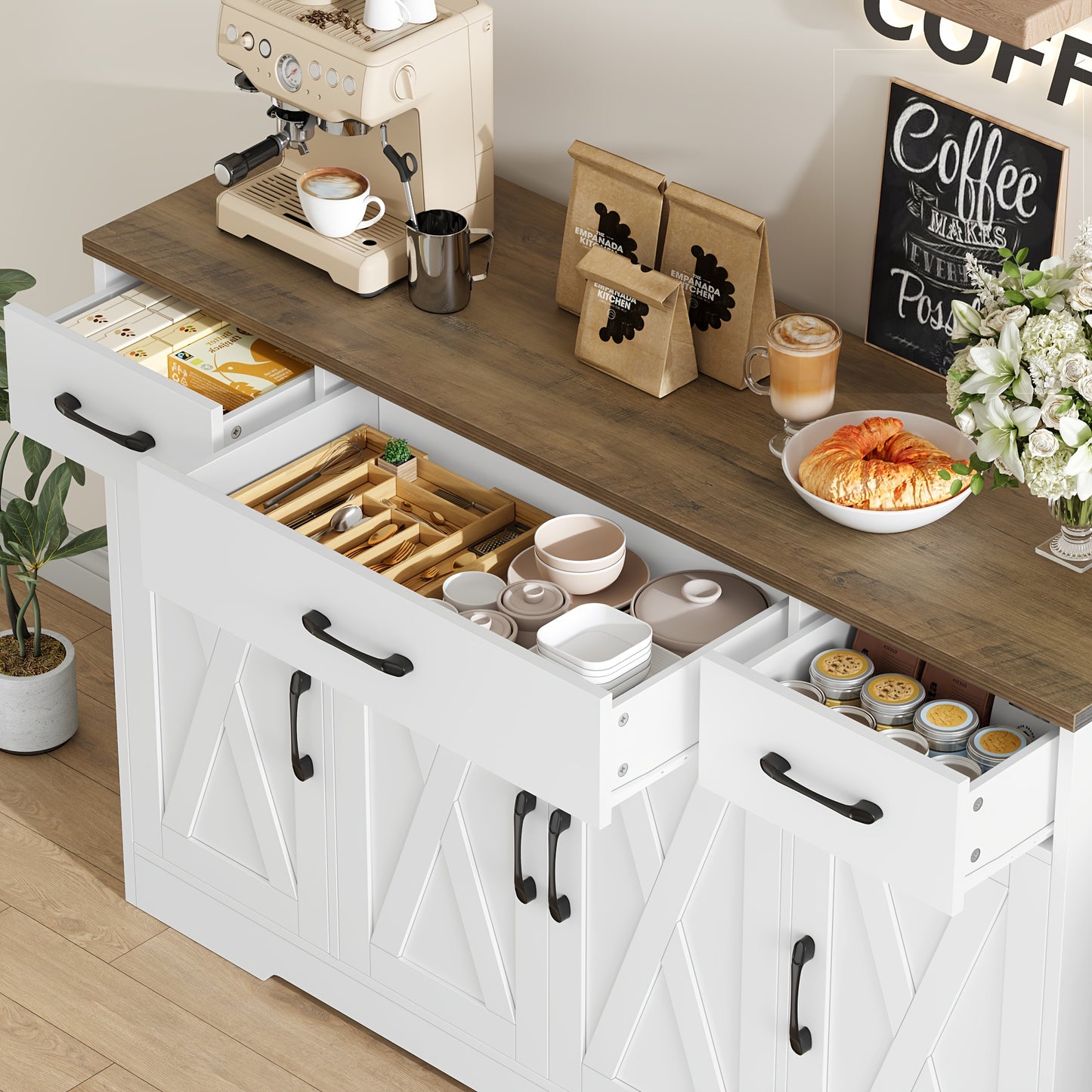 Sideboard – Dressoir – Kast – Opbergkast – Buffetkast – Wit Met Bruin Hout – 140 cm Breed – Verstelbare Planken – Kantelbeveiliging