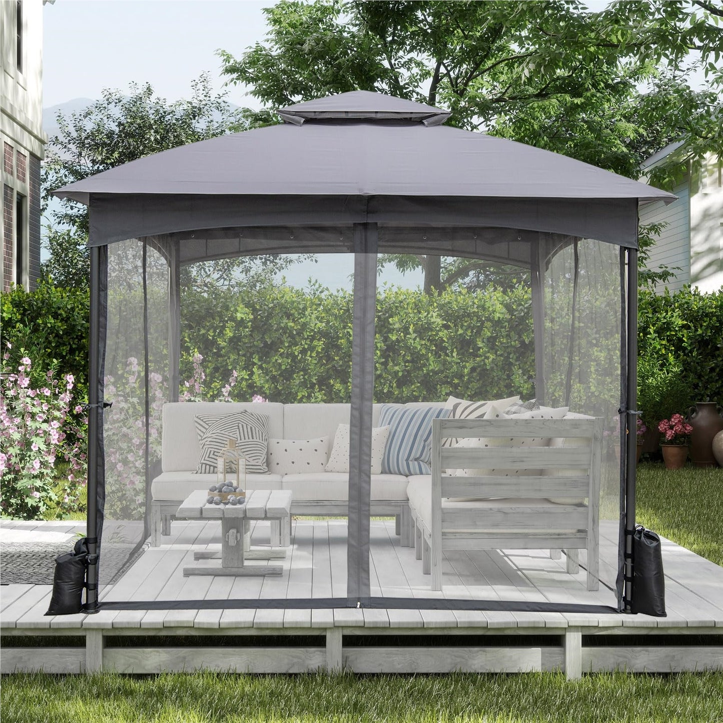 3 x 3 m Garden Gazebo with 4 Sandbags & 4 Mosquito Nets & Double Roof, Waterproof & Sturdy & Winterproof, Garden Tent with Hooks, Party Tent for Terrace & Garden (Gray)