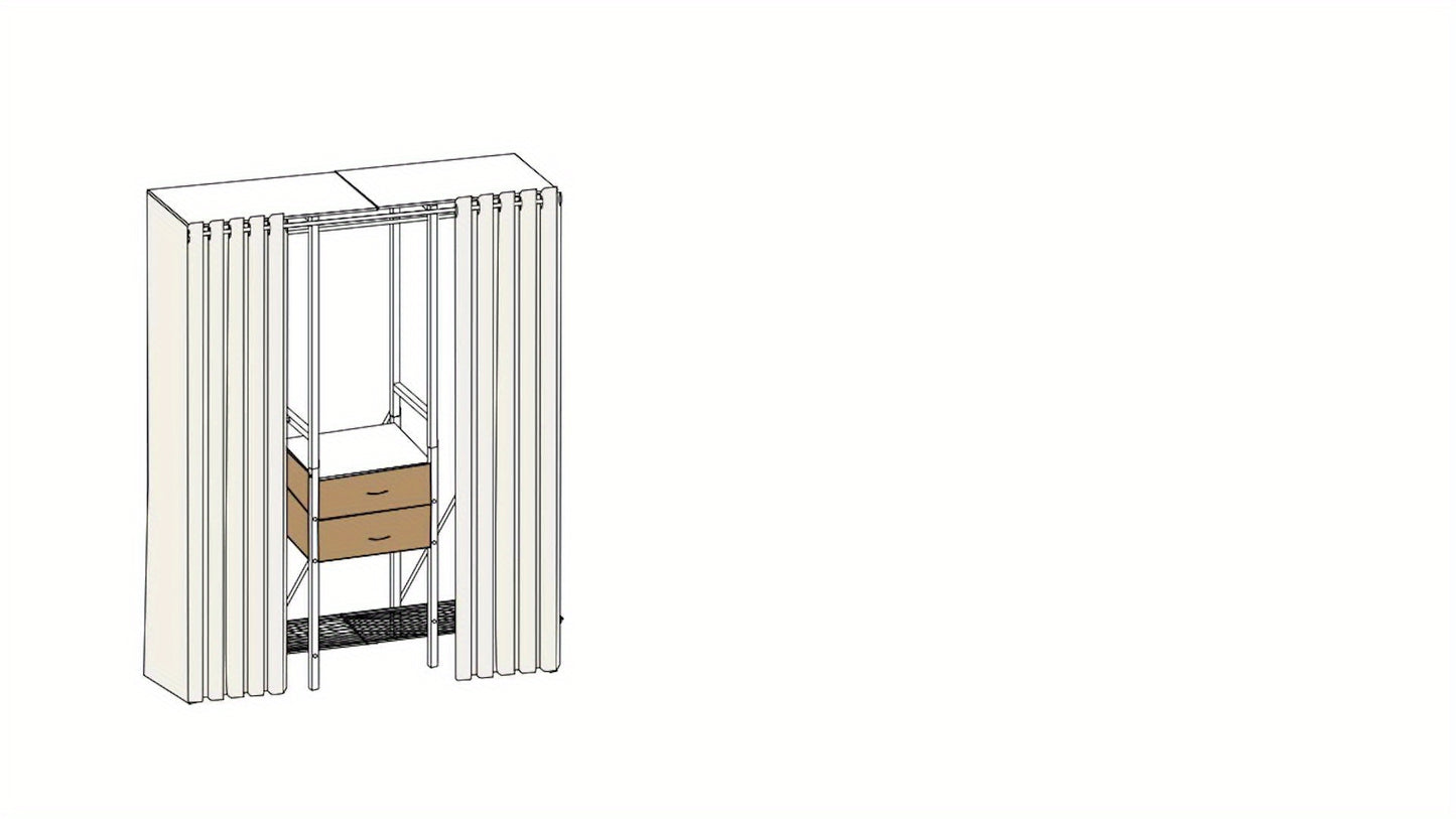 Kledingkast – Garderobekast – Opbergkast – Kledingopberger – Linnenkast – Metalen Frame – Stofdichte Beige Gordijnen – 9 Vakken & 2 Lades – Anti-Valbeveiliging – Vrijstaand