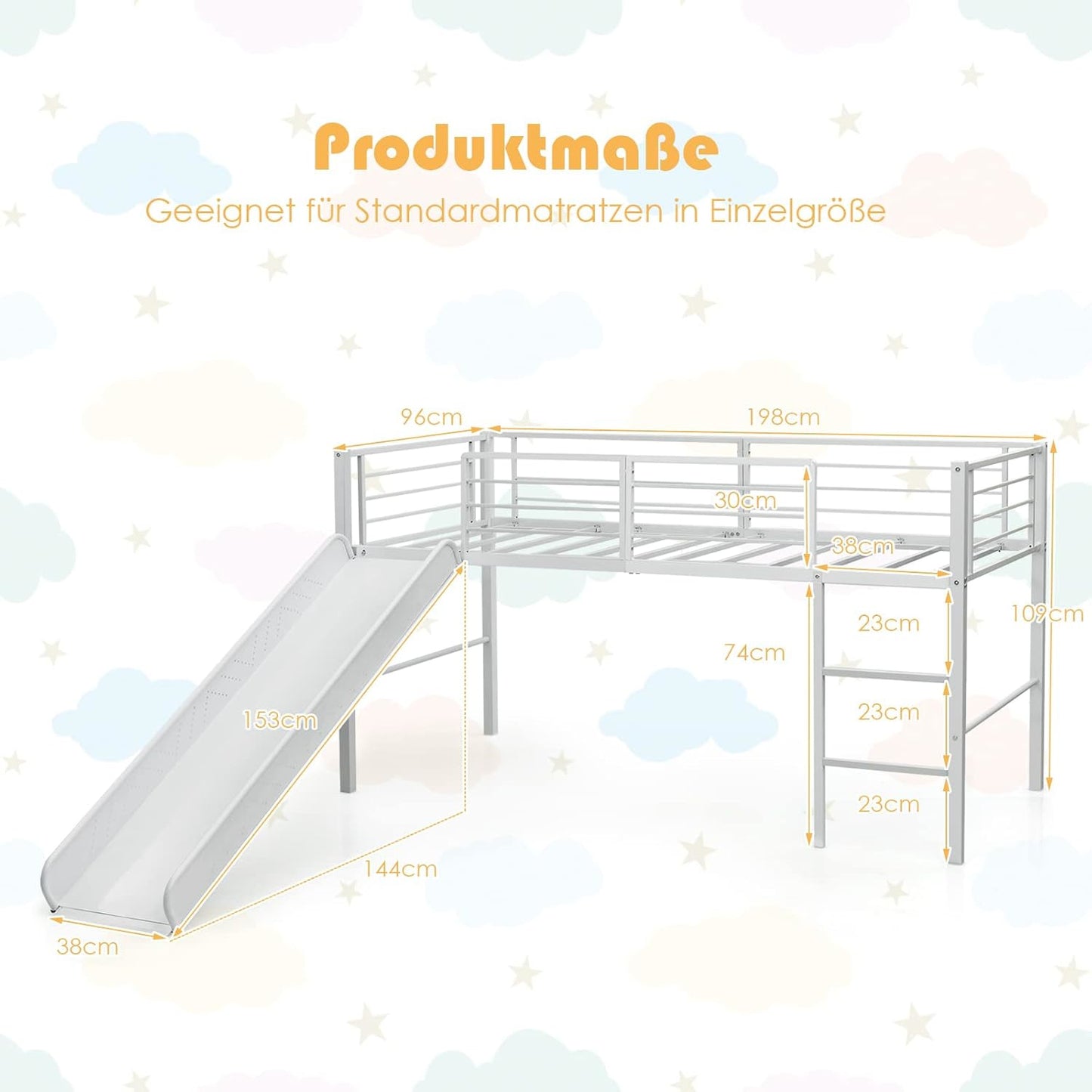 Hoogslaper – Kinderbed – Stapelbed – Speelbed – Loftbed – Stalen Frame – Glijbaan En Veiligheidshekken – 150 Kg Draagkracht – Wit