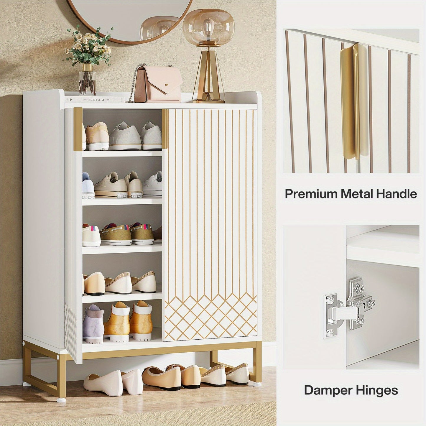 Witte Schoenenkast – Schoenenrek – Schoenopberger – Schoenenkast – Schoenplank – 5-Lagen Voor 25 Pairs – Ruimtebesparend Verticaal Ontwerp Met Gouden Scharnieren