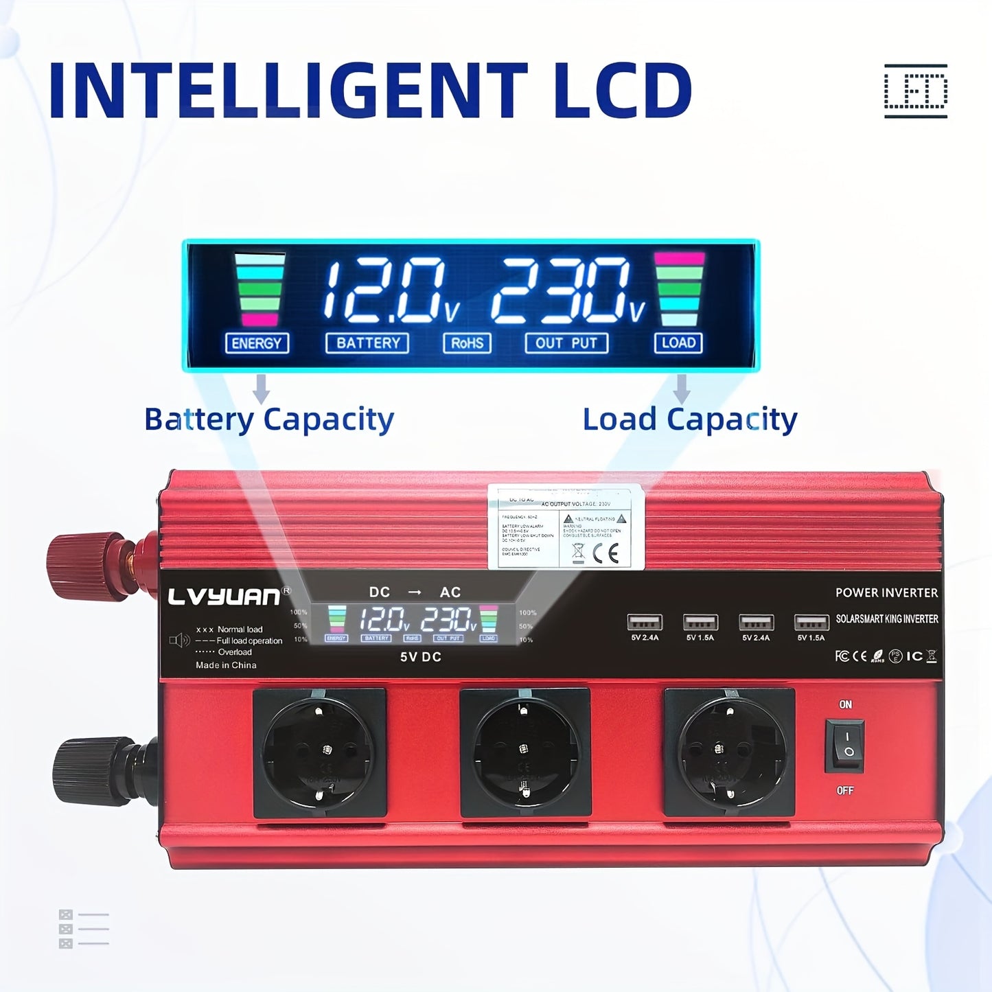 Power Inverter 12V naar 230V – Spanningsomvormer – Omvormer – Converter – Stroomomvormer – 3000W Vermogen – 4 AC-uitgangen en LCD Display