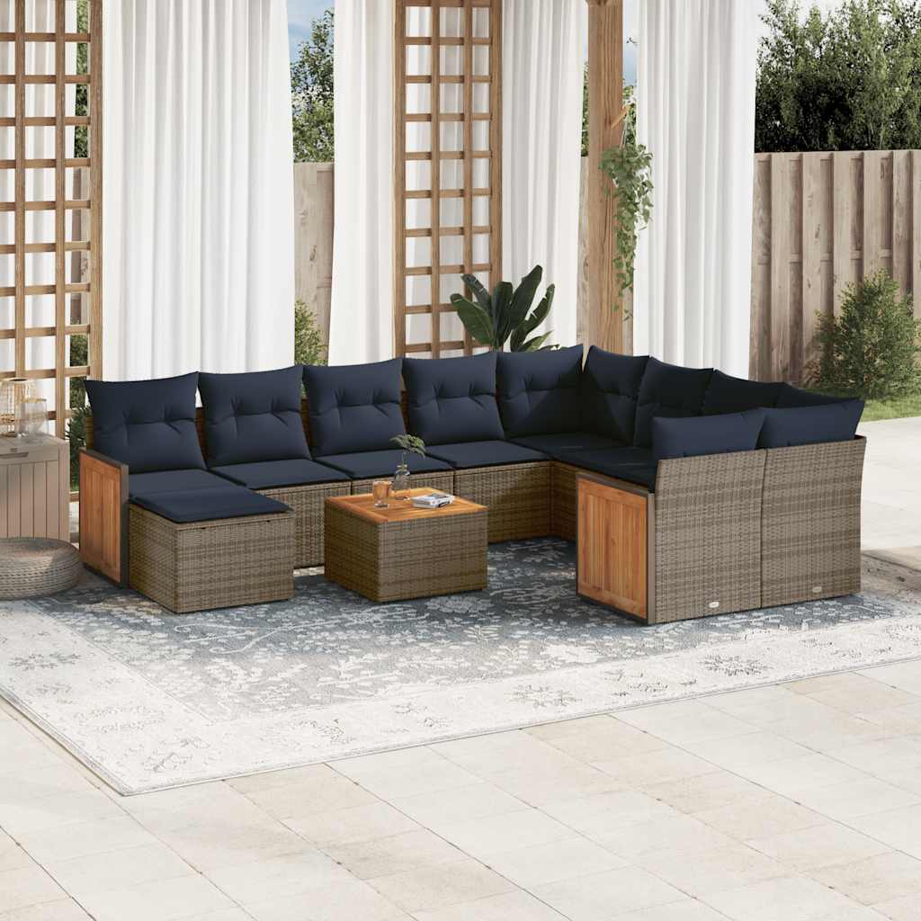 Buitenbank – Tuinbank – Zitbank – Tuinmeubel – Loungebank – Weerbestendig Polyrattan – Inclusief Tafel Met Acaciahouten Blad - Grijs