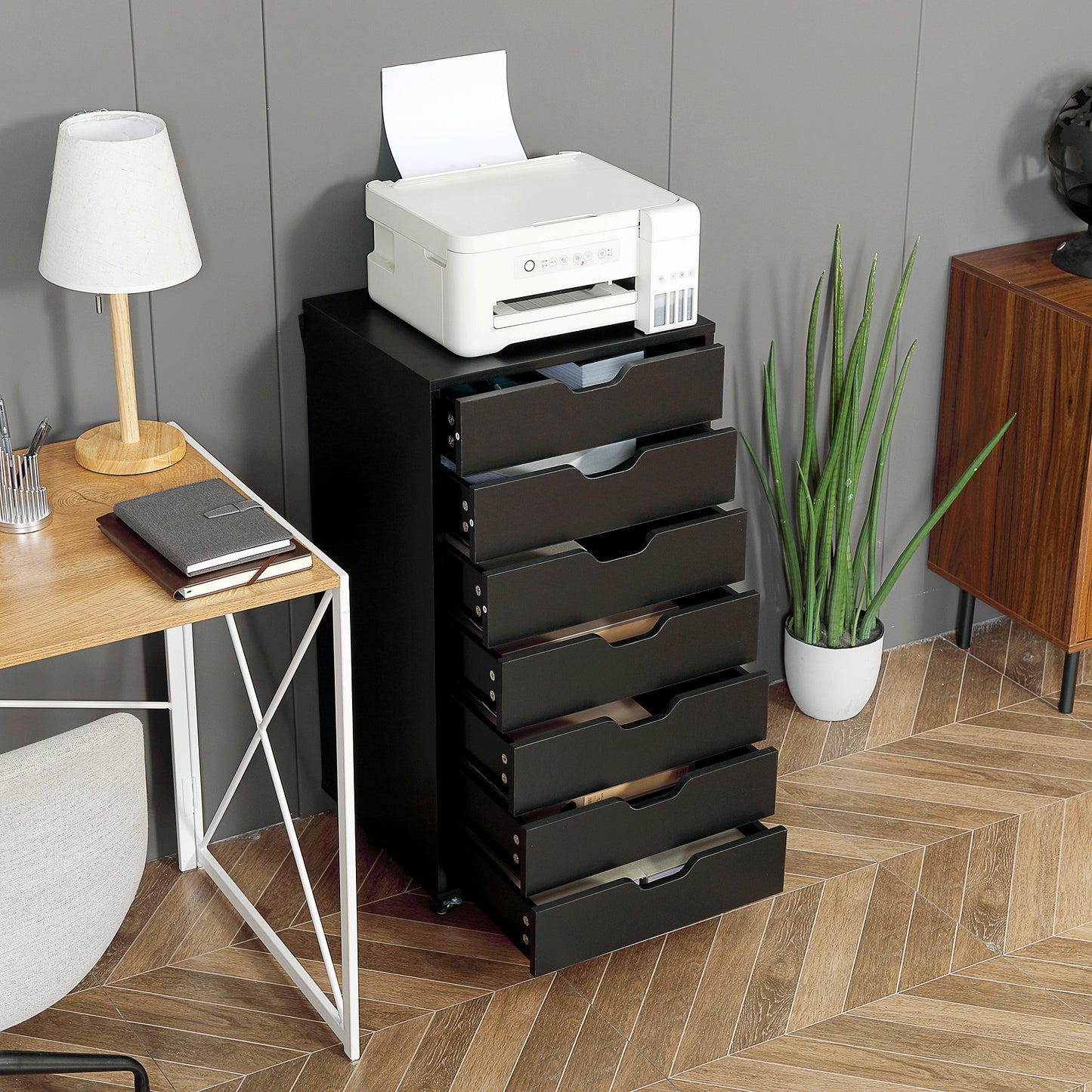 Mobiele Ladekast – Opbergkast – Bureaukast – Archiefkast – Ladenkast – 7 Laden – Stevig Houten Materiaal – Voorzien Van Wieltjes Met Remmen