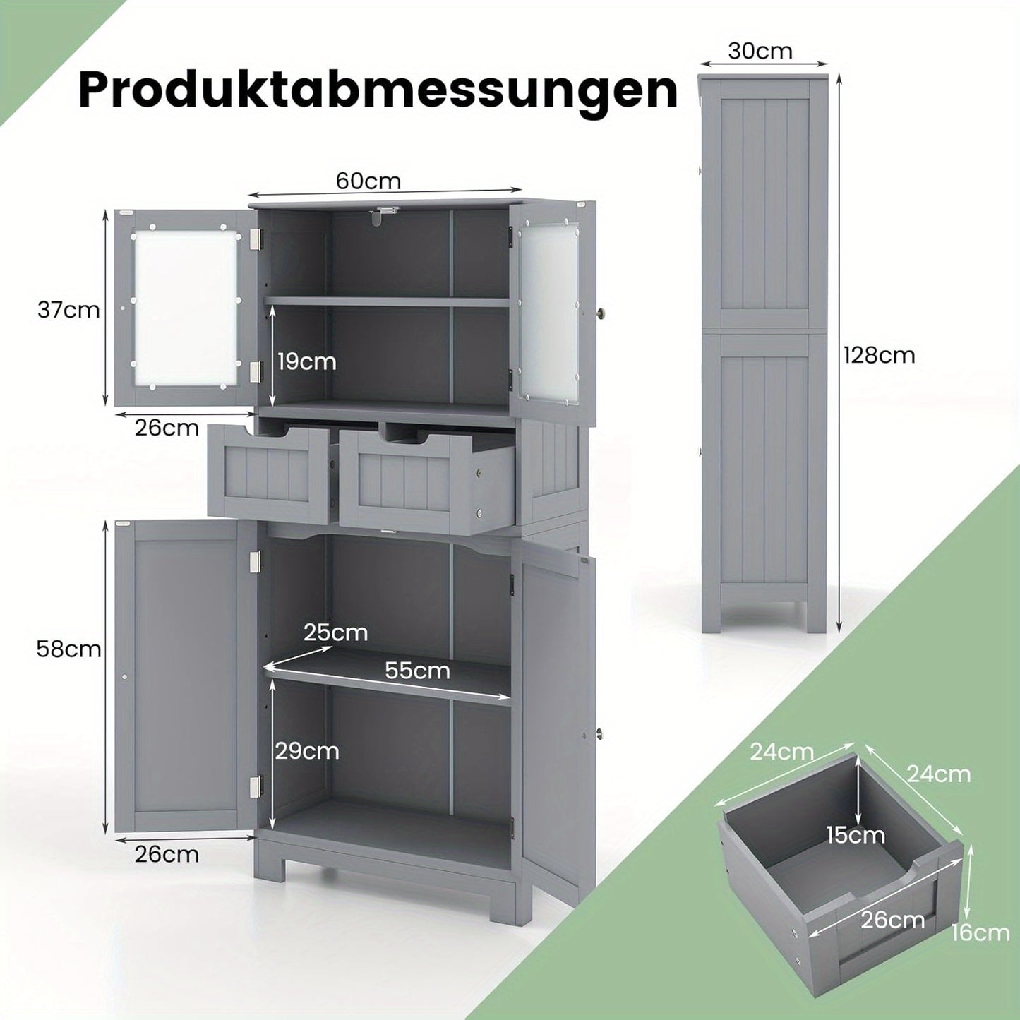 Staande Badkamerkast – Opbergkast – Badkamermeubel – Kastje – Opbergmeubel – 4 Deuren en 2 Lades – Verstelbare Planken – Wit MDF met Zwarte Handgrepen – Ruimtebesparend Design