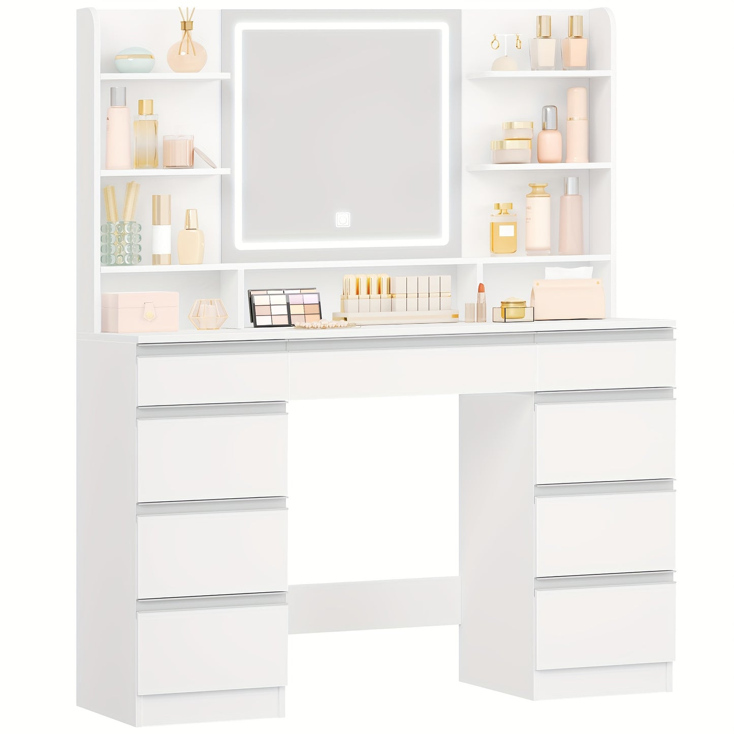 Large Jewelry Storage Cabinet With LED Lighting, 3 Colours, Brightness Control, Dressing Table With Mirror, 9 Drawers, 9 Open Shelves, Modern Style, White Golden/White And Silver, Jewelry Chests - QUORE