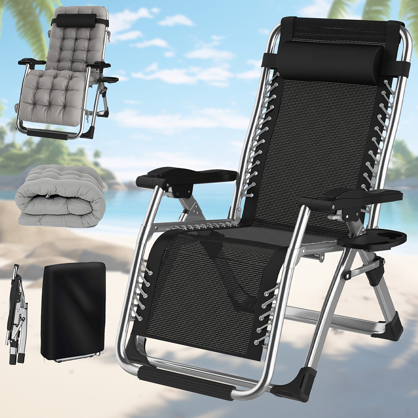 Folding deck chair with cushions, sun lounger for garden, terrace, beach and pool - Folding lounge chair with cushions, load capacity 200kg