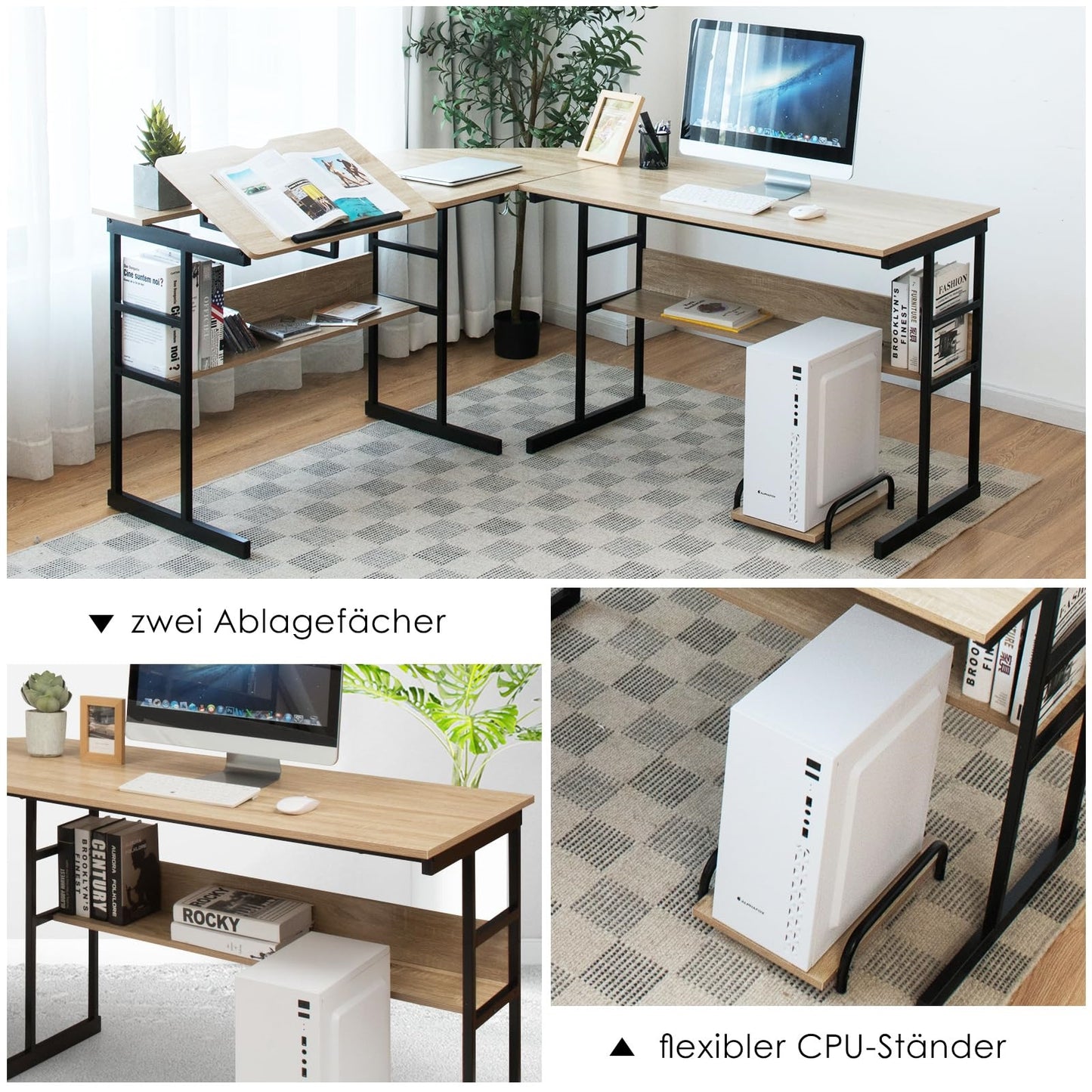 L-Shape Bureau – Hoekbureau – Computertafel – Werkplek – Thuiswerkplek – Houten Tafel Met Verstelbaar Schuin Blad – 170x150x75 Cm Naturel