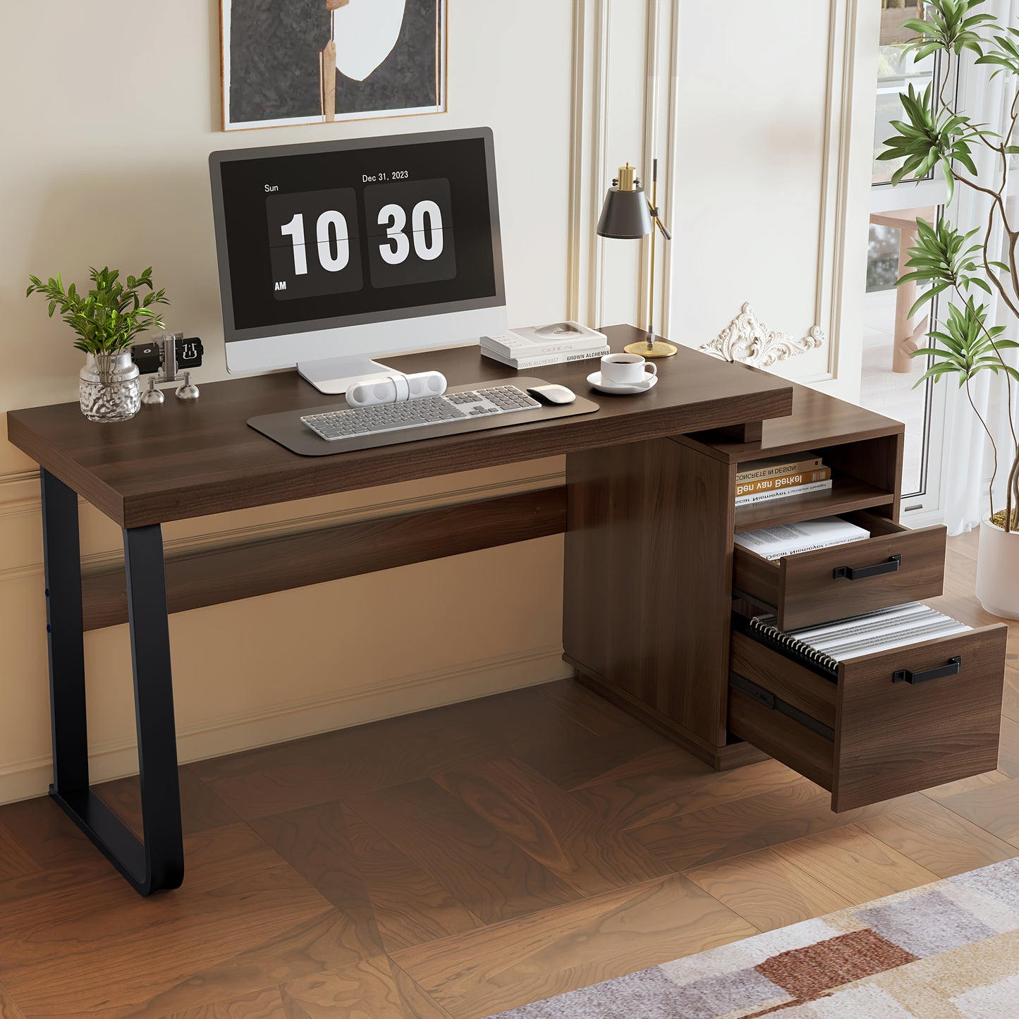 135 X 54 Cm Modern Minimalist Style Desk, Super Strong Load-bearing, Multifunctional Storage Design, Silent Drawer, Folder Drawer