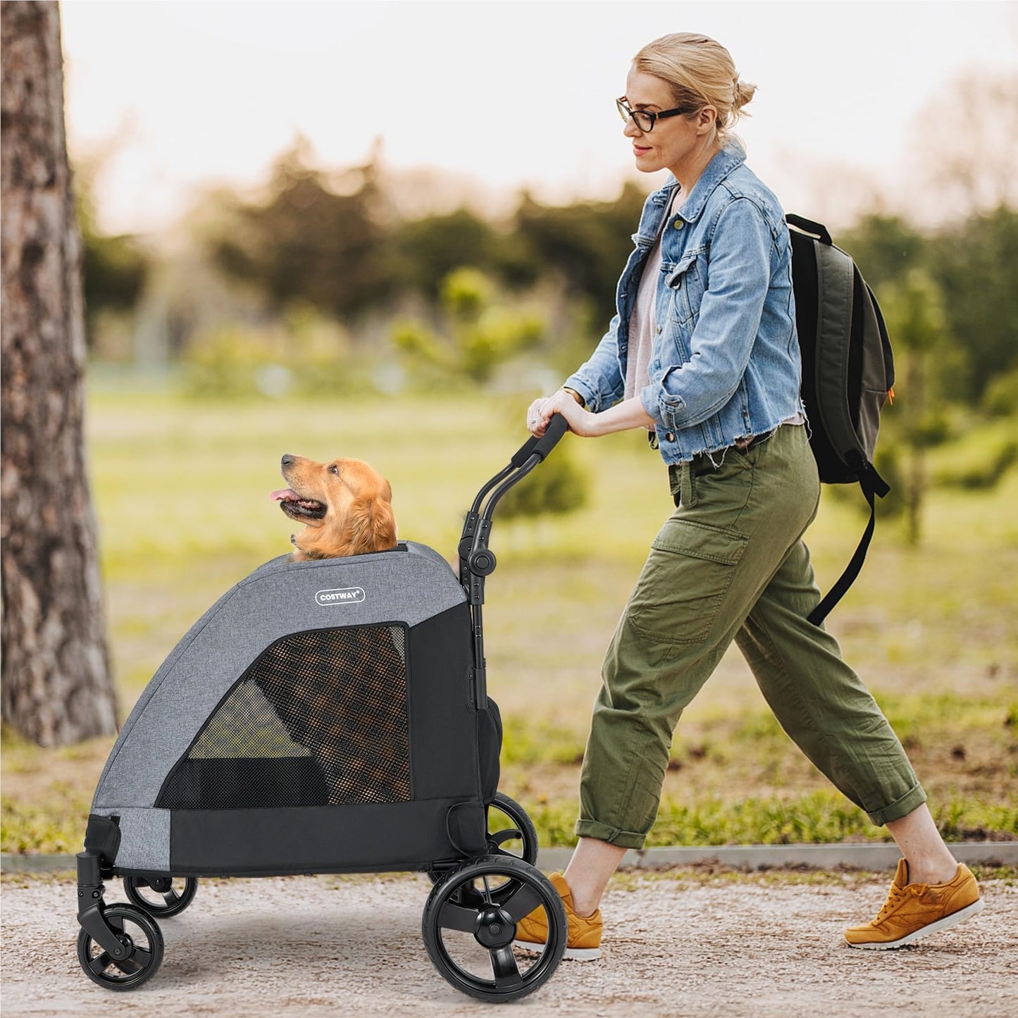 Hondenwagen – Hondenbuggy – Huisdier Trolley – Dierenwagen – Hondenwagen Opvouwbaar – Voor Middelgrote en Grote Honden – Met Mesh Ramen en Verstelbaar Handvat – Grijs