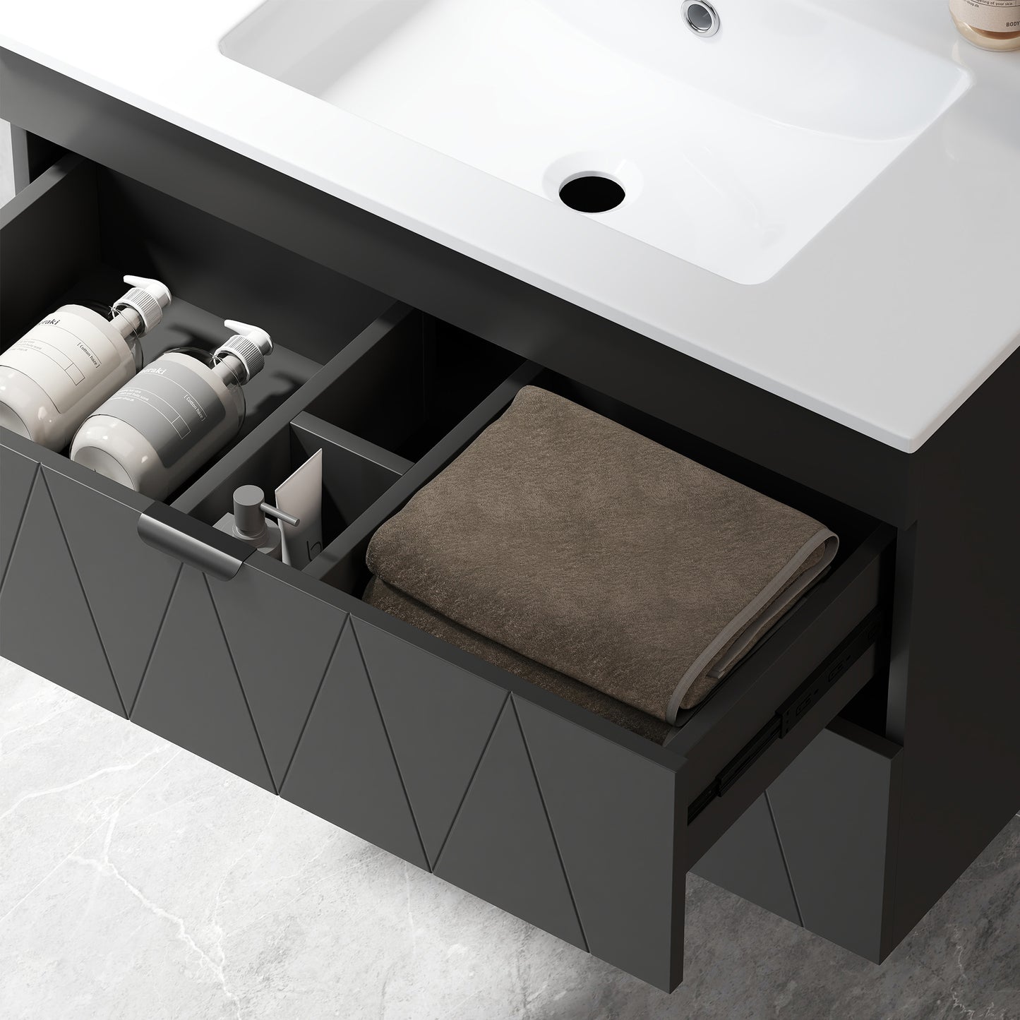Badkamerkast Wandmeubel – Wastafelmeubel – Badkamermeubel – Opbergkast – Met Keramische Waskom – Zwart Mat – Soft-Close Lades – Ruimtebesparend Design – 76x46x50 cm