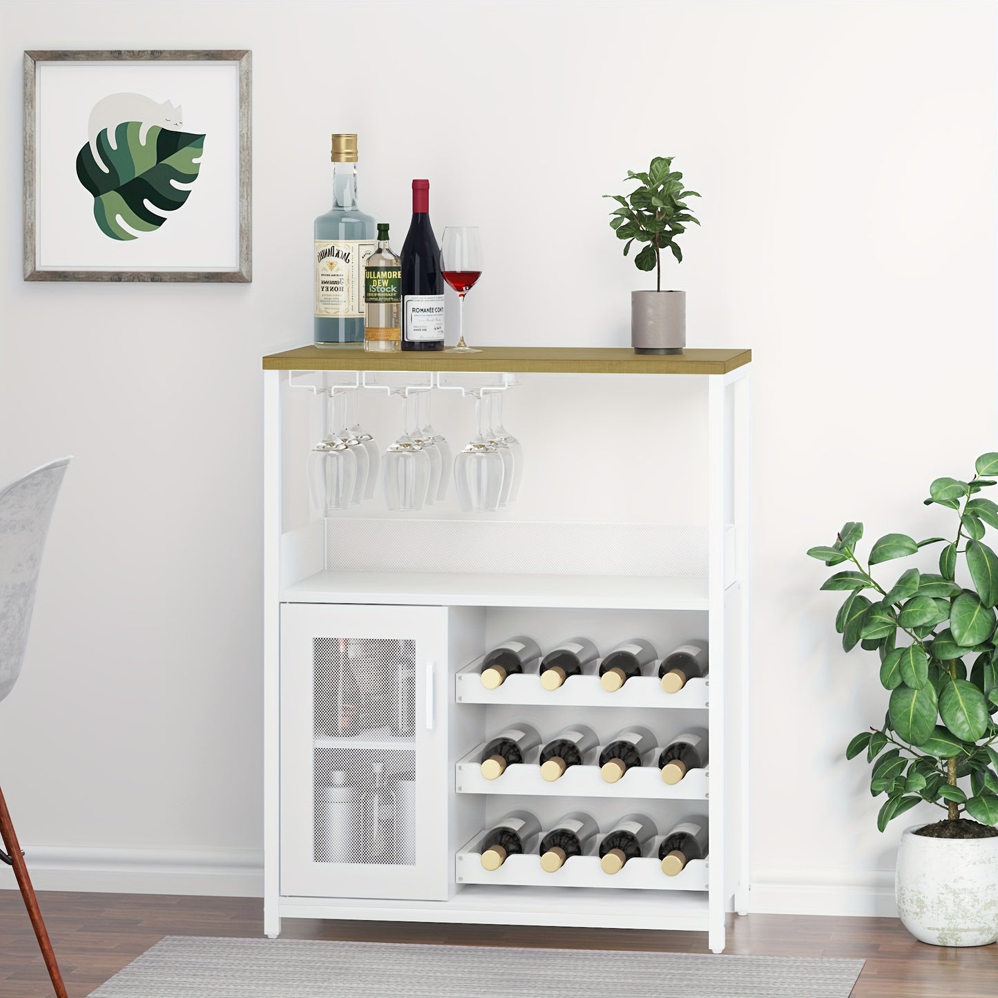 Three-layer bar cabinet with wine rack and a large storage space, buffet cabinet with glass rack and mesh door, suitable for kitchen, living room and bar, 69x35x92cm, Kitchen Storage Solution, Wine Rack Cabinet, Multi-Level S