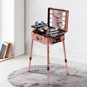 Cosmetic Suitcase, Trolley, Makeup Case, Beauty with Mirror, Easy to Clean, Extendable Shelves, Professional Champagne Glass, Retro Upcase - QUORE