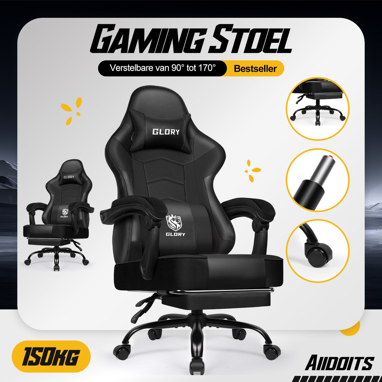 Gaming Chair, Ergonomic, Height-Adjustable, with Footrest, Adjustable Backrest – Ideal for Gaming and Working
