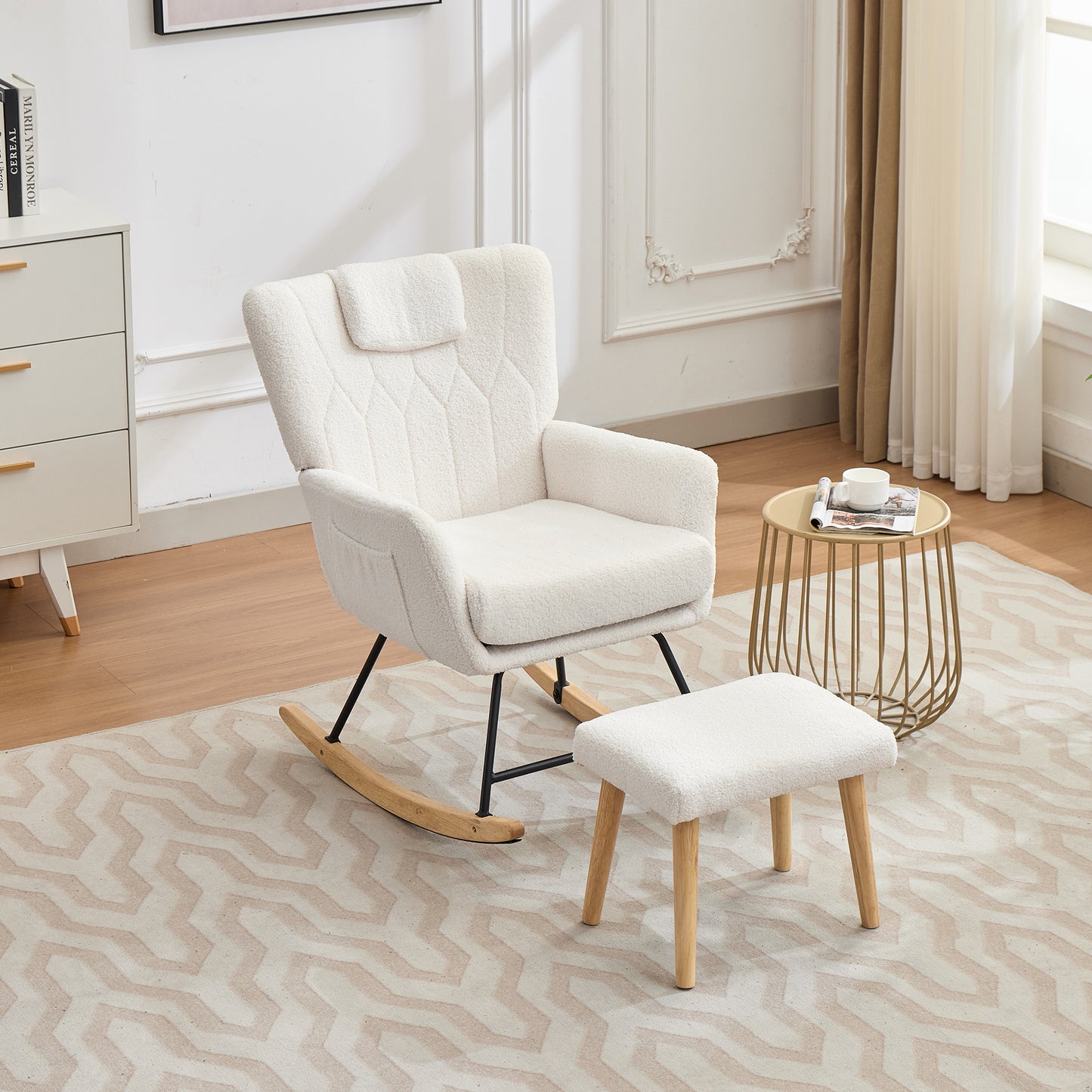 Schommelstoel – Relaxstoel – Lounge Stoel – Zetel – Fauteuil – Wit – Ergonomisch Met Voetenbank – 30 Graden Schommelbeweging