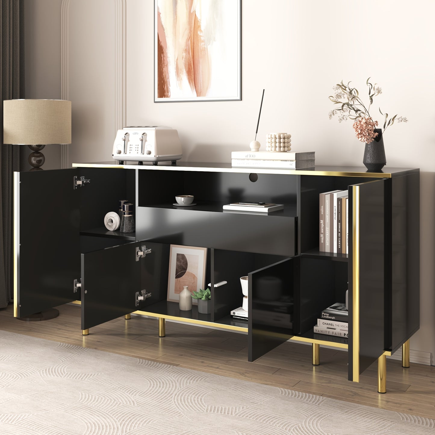 Sideboard, sideboard with four doors, one drawer and a large compartment, space-saving, bedroom chest of drawers, high-gloss sideboard, two colours to choose from, dimensions L150/W40/H80