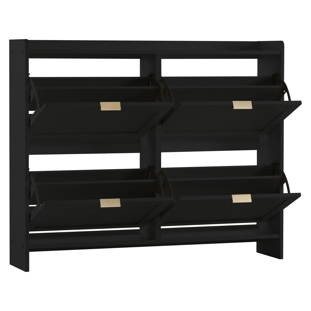 Modern Metal Shoe Cabinet with 4 Flip-Top Doors & Open Shelves - Freestanding Shoe Storage Organizer with Space-Saving Design, Sturdy Construction for Entryway, Hallway, Living Room - Black Shoe Rack with Hidden Storage Compa