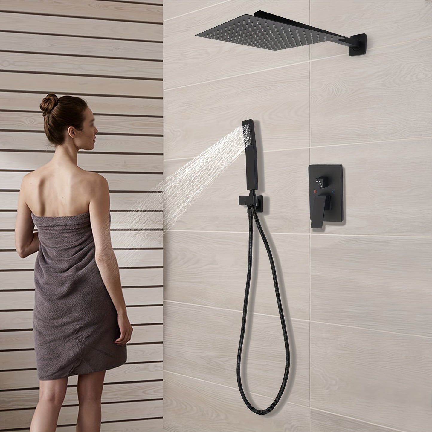 Regendouche Set – Douchekop – Handdouche – Badkamerkraan – Wandmontage – Zwart Mat – 30x30 cm Hoofddouche – Temperatuurregeling 0-90°C
