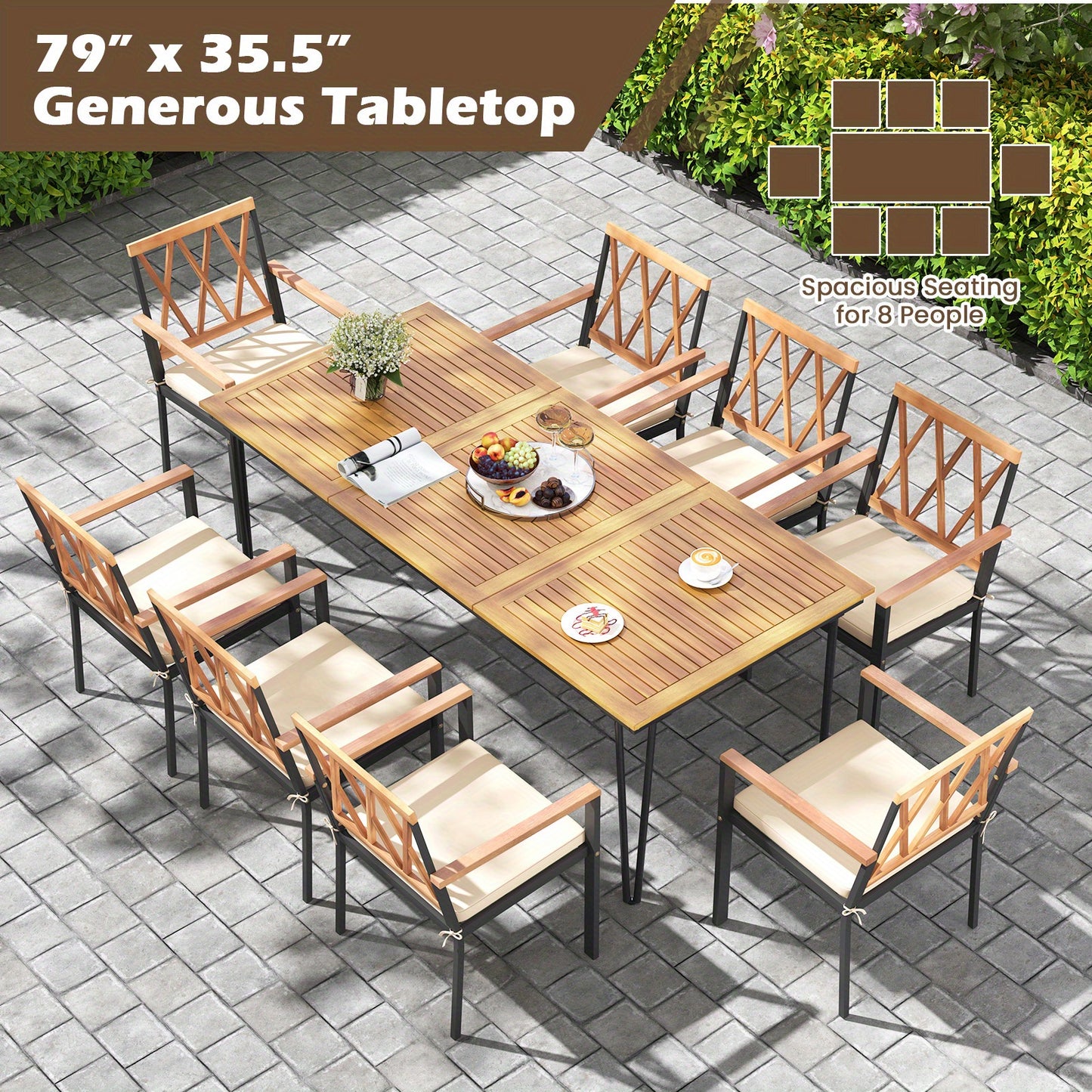 Tuinset – Tuinmeubel – Diningset – Bistroset – Loungeset – 8-Persoons Rechthoekige Tuintafel – Acaciahouten Tafelblad – Robuust Metalen Onderstel – Inclusief Parasolgat – Weerbestendig & Duurzaam