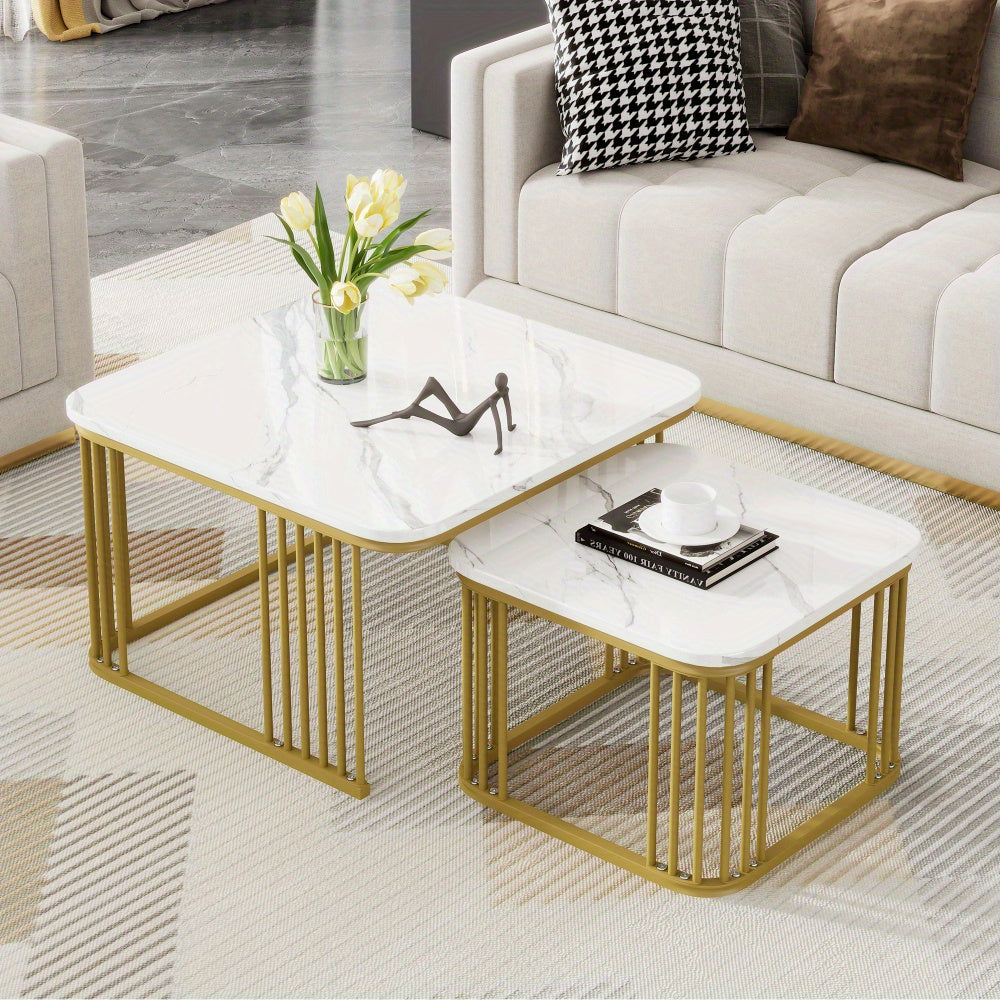 Salontafel – Koffietafel – Bijzettafel – Tafeltje – Woonkamertafel – Hoogglans Marmerlook – Verstelbare Poten – Set van 2 (60x60x45 & 45x45x40 cm)