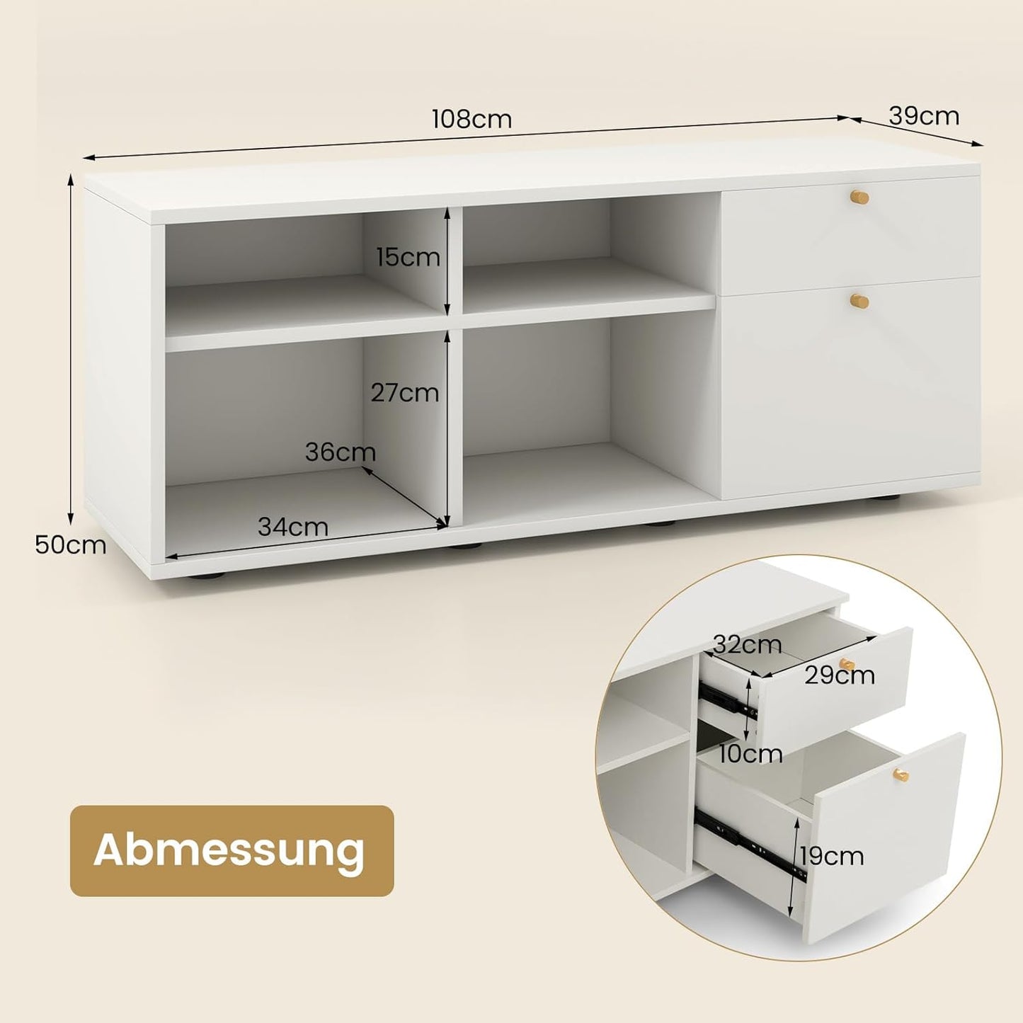 Witte Opbergkast – Opbergmeubel – Kasten – Dressoir – Ladekast – Ruim 108x39 cm – MDF Met Metalen Ladegeleiders