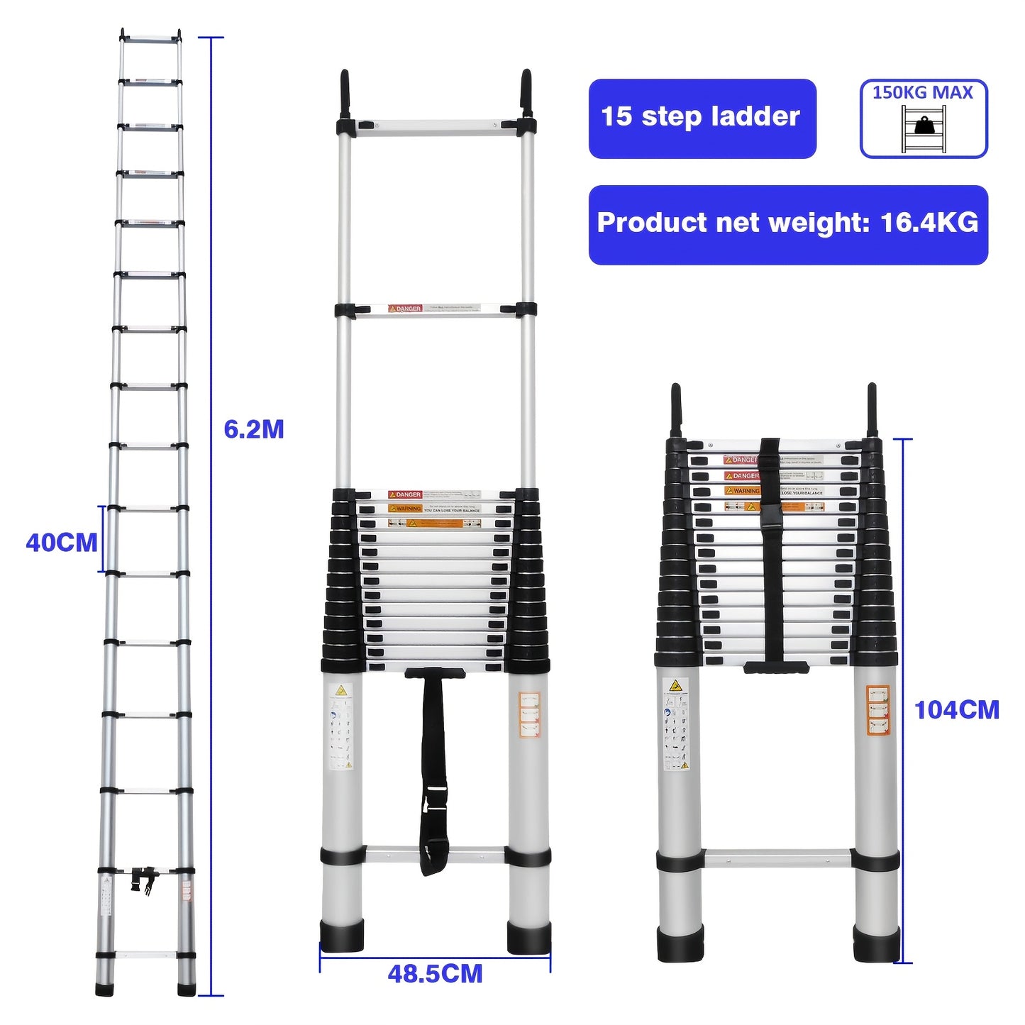 Telescopische Ladder – Uitschuifbare Ladder – Vouwladder – Inschuifbare Ladder – Opklapbare Ladder – 6,2 Meter Aluminium – Draagkracht 150 kg – Anti-slip Voeten