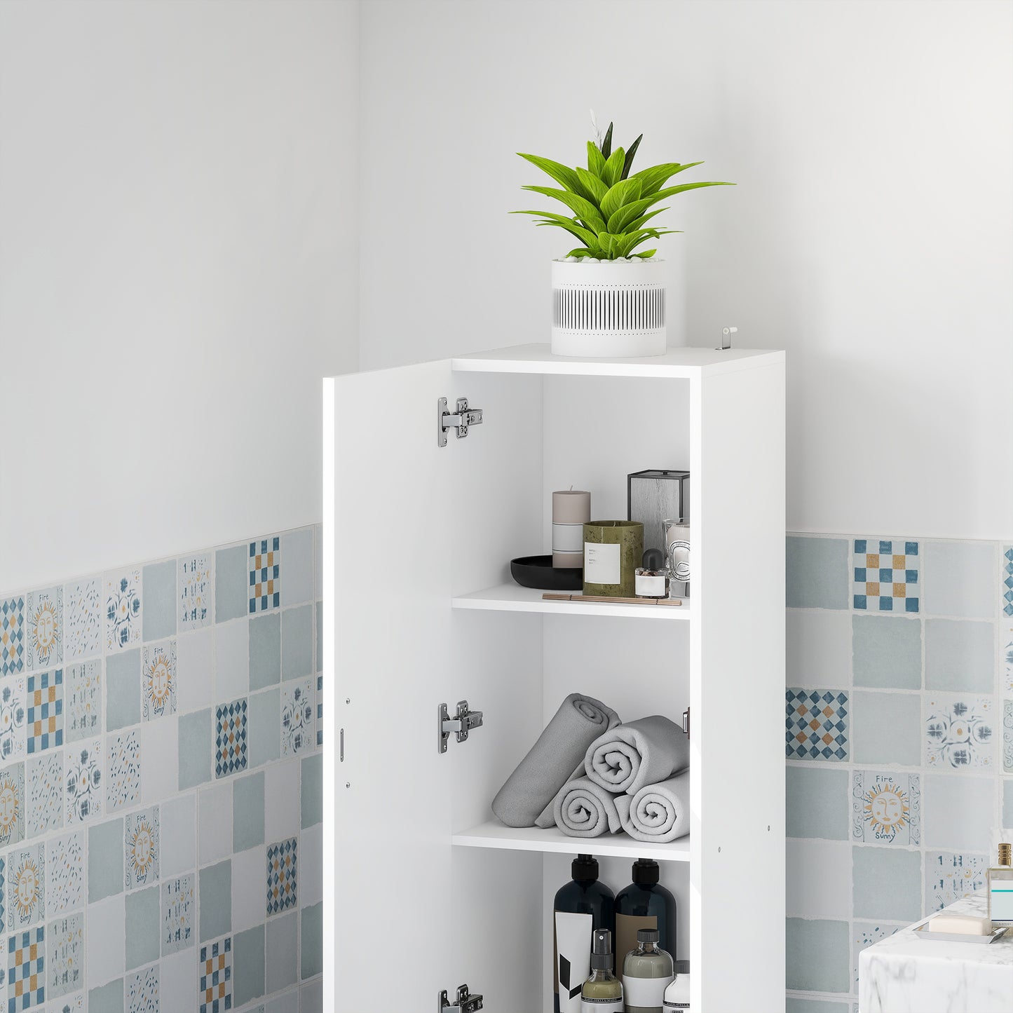 Badkamerkolomkast – Opbergkast – Kolomkast – Kast Met Deur – Stijlvolle Badkamerkast – Wit – 35x31,5x144 cm – Met Kantelbare Wasmand – Anti-Kantel Systeem