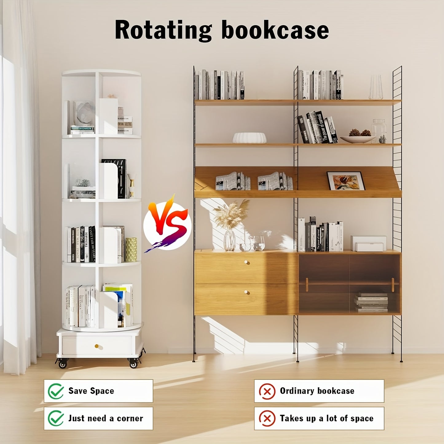 Boekenrek – Boekenplank – Boekenkast – Opbergkast – Wit – 4-Lagen Met Lade – 360° Draaibaar Met Wieltjes
