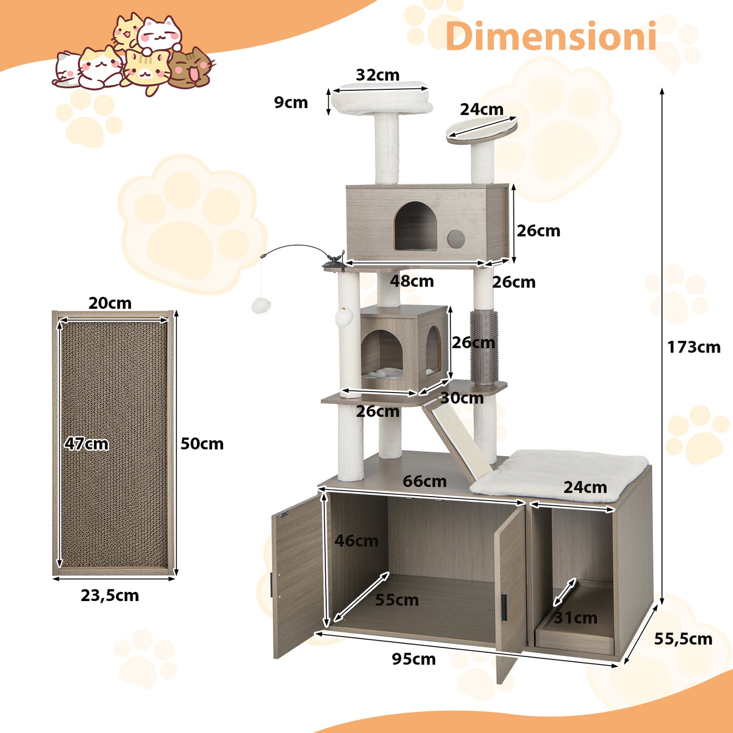 Kattenmeubel – Krabpaal – Kattenbakmeubel – Kattenhuis – Klimmeubel – Sisal Krabmat – Interactief Speelplezier – Modern Grijs Design 95x55x173 cm