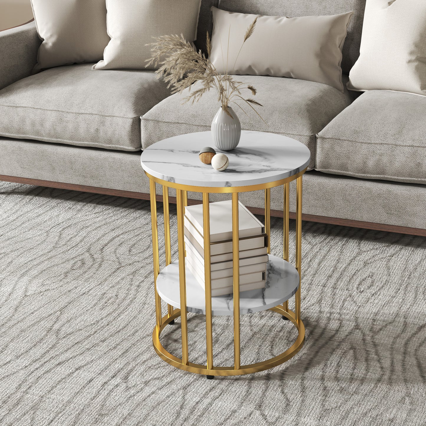 Bijzettafel – Bijzettafels – Salontafel – Nachtkastje – Side Table – Set Van 2 Ronde Tafels – Marmer-Look Tafelblad – Open Opbergruimte Met Metaal Frame