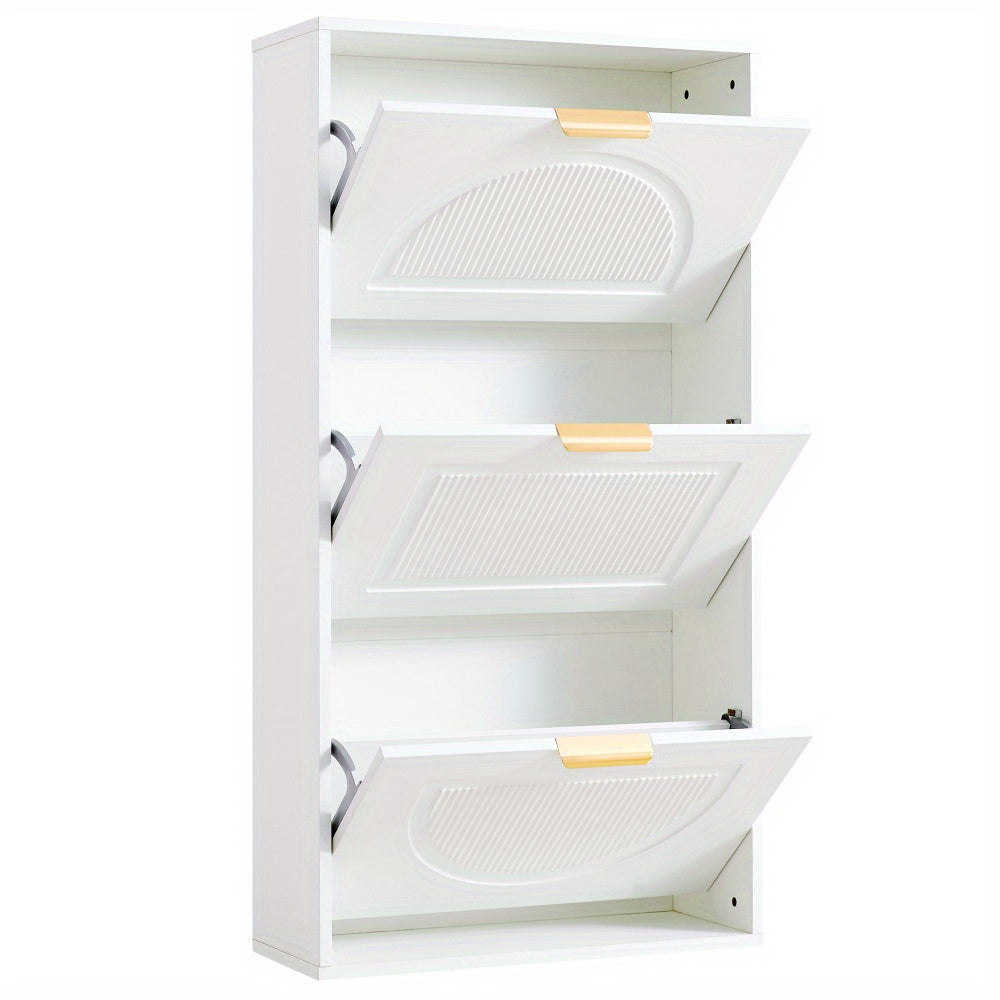 Modern White Narrow Shoe Cabinet with 3-Tier Shelves & Baffles - Space-Saving Vertical -Standing MDF Shoe Storage Unit, Golden-Like Label-Compatible for Hallway, Living Room, Entryway - Compact Shoe Rack (60x24x114cm), Shoe S