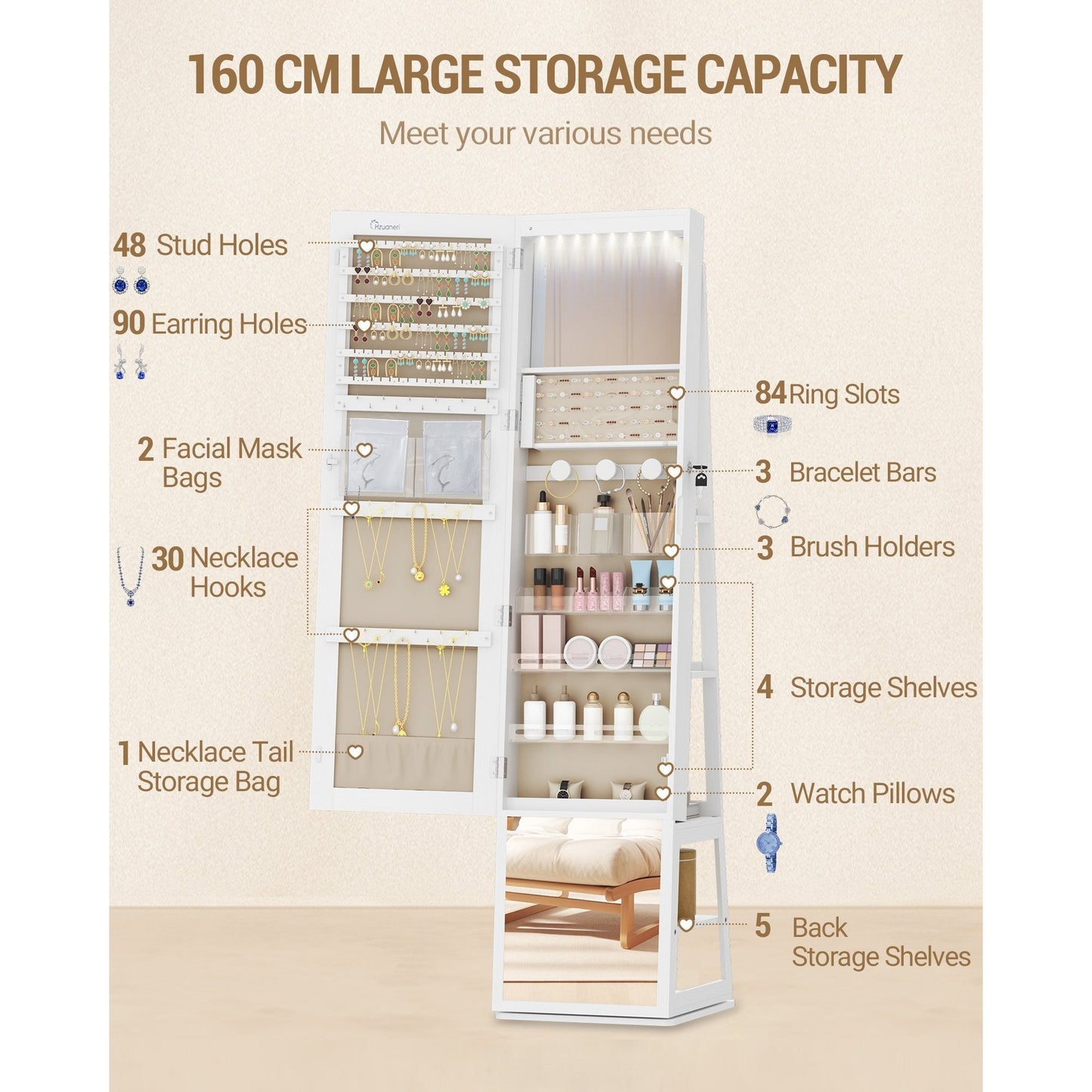 Sieradekast – Sieradenkast – Jewelry Organizer – Sieradenopberger – Make-up Kast – 360° Draaibare Spiegel – Veilig Afsluitbaar – 4 Lade Opbergvakken – Wit Met Beige Voering