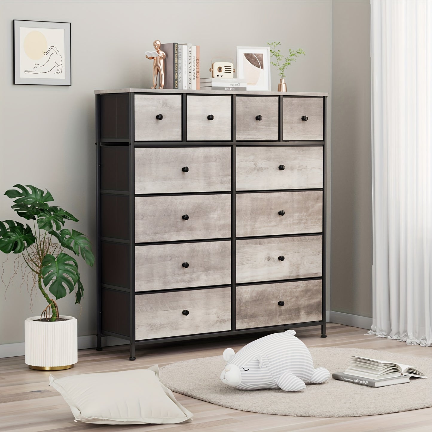 Sideboard – Dressoir – Opbergkast – Kast Met Lades – Meubel Met Stofladen – Grijs – 12 Ruime Stoffen Lades – Stevig Ijzeren Frame