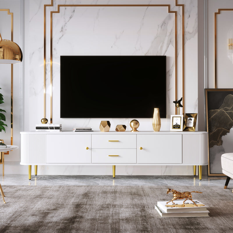 TV-meubel – TV-kast – Media meubels – Meubel voor televisie – Tv-standaard – Wit met gouden accenten – Afgeronde hoeken en golvende zijkanten – Ruime opbergruimte en compact design