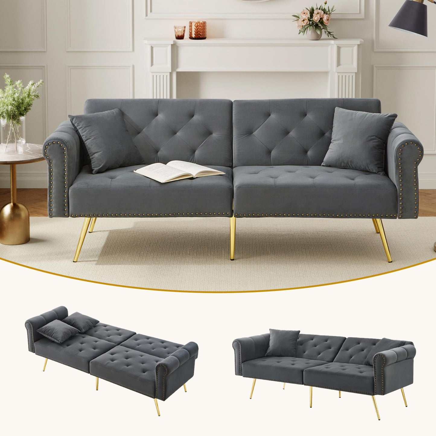 Modern Double Sofa Bed - Velvet Cover, Backrest with 3 Levels Of Adjustment And Gold Plated-plated Metal Feet Stylish Sofa with Sleeping Function - Space-saving And Flexible, Ideal for Small Rooms