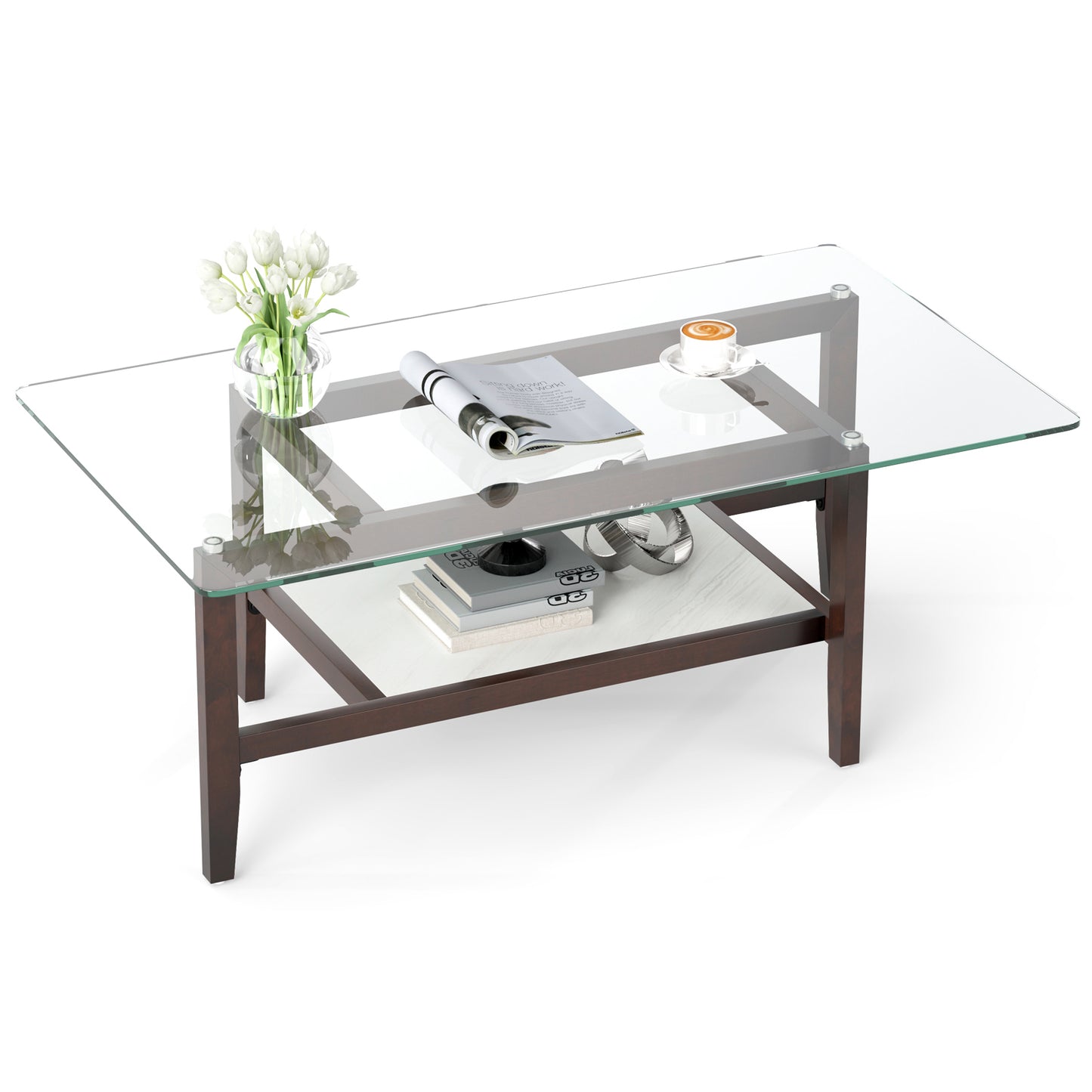 Bijzettafel – Sidetable – Nachtkastje – Banktafel – Koffietafel – Gehard Glas Tafelblad – Rubbenhouten Frame – 61x61x62,5 cm – Extra Opbergruimte