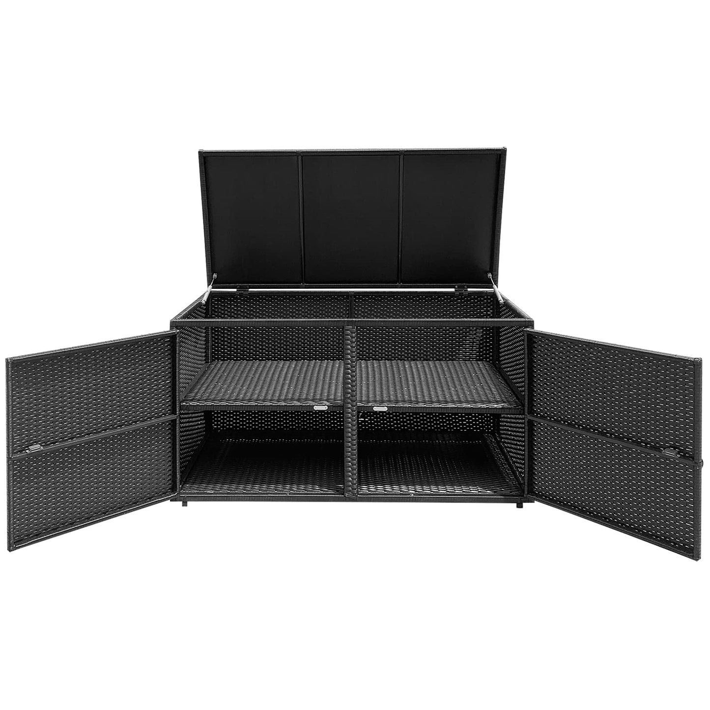 Rattan Opbergbox – Tuinkist – Opbergkist – Buitenbox – Tuinbank Met Deksel – 333L Inhoud – Weerbestendig PE Rattan – Dubbele Deuren & Binnenplanken – Mat Zwart – 115x60x65 cm