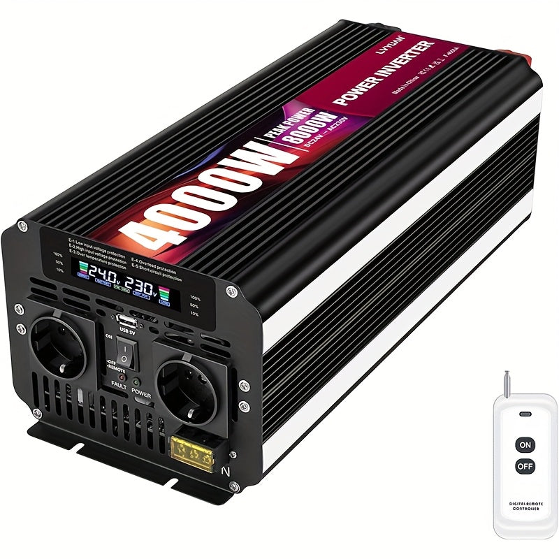 Stroomomvormer – Spanningsomvormer – Omvormer – Inverter – Converter – 24V naar 220V – 4000W Continu Vermogen – LCD Display en Draadloze Afstandsbediening