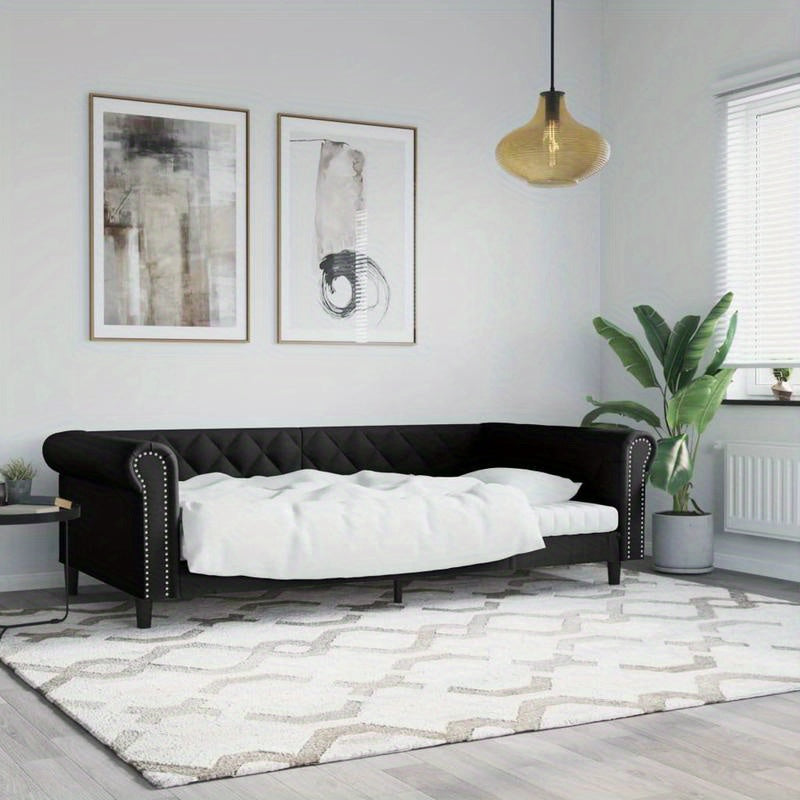 Slaapbank – Bedbank – Sofa Bed – Slaapstoel – Opklapbare Bank – Zwart Met Wit Kussen – Hardhouten Frame – Kunstleren Bekleding