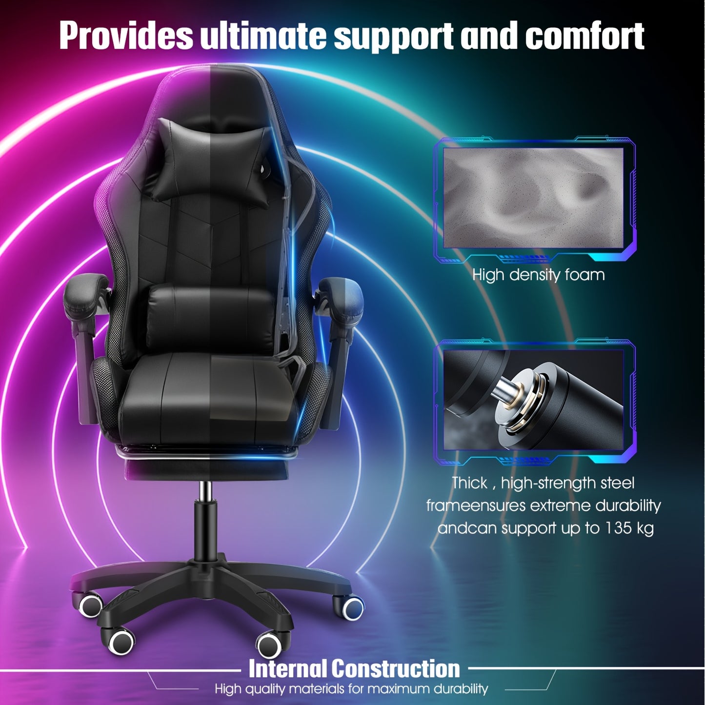Gamingstoel – Gamestoel – Zithoekstoel – Bureaustoel – Computerstoel – RGB Verlichting – Ingebouwde Speakers – Ergonomisch Recliner – Verstelbare Hoogte – Opvouwbare Basis – Zwart