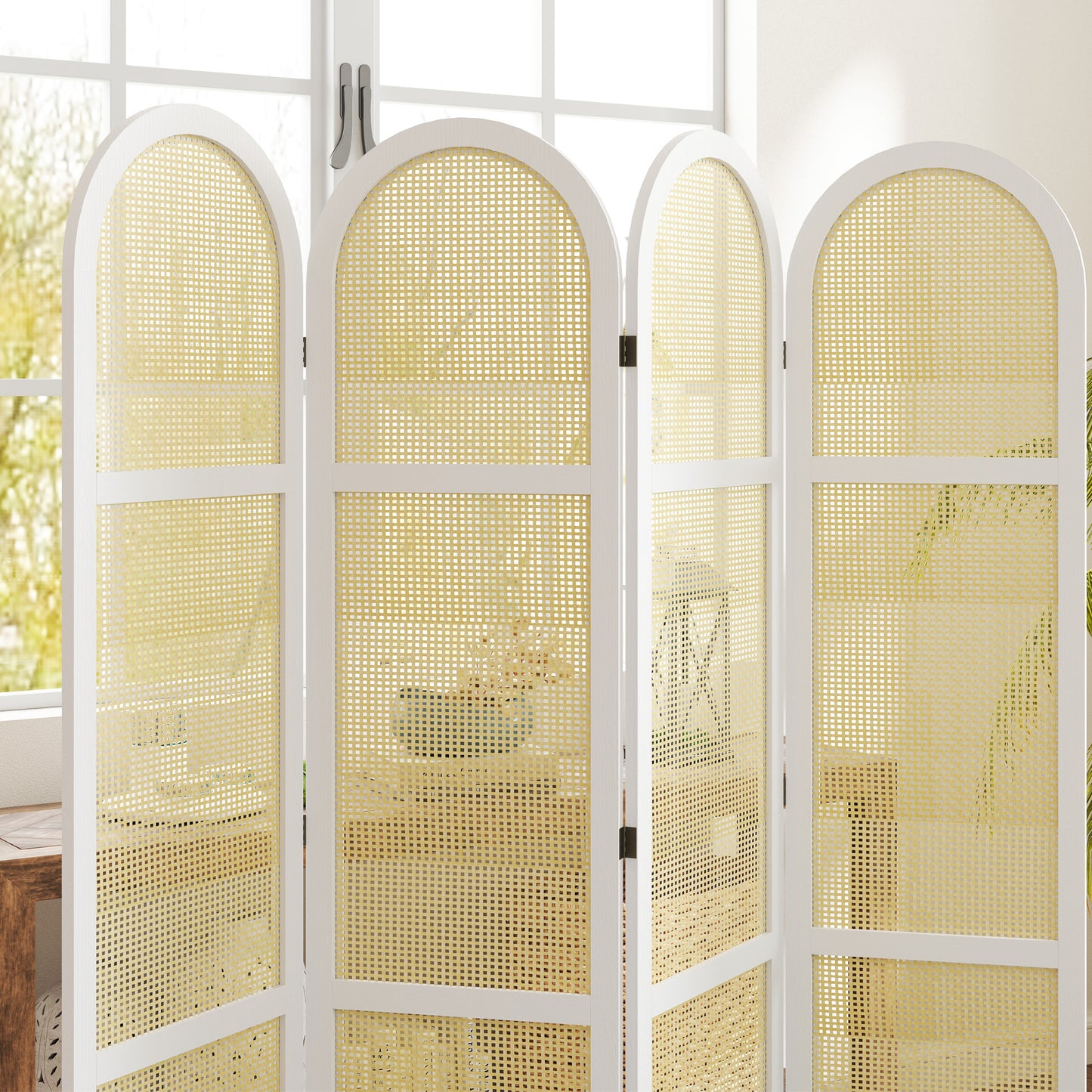 Kamerscherm – Room Divider – Scheidingswand – Vouwscherm – Privacy Scherm – Wit – 4 Panelen – Lichtgewicht Paulownia Hout & Kunstrotan