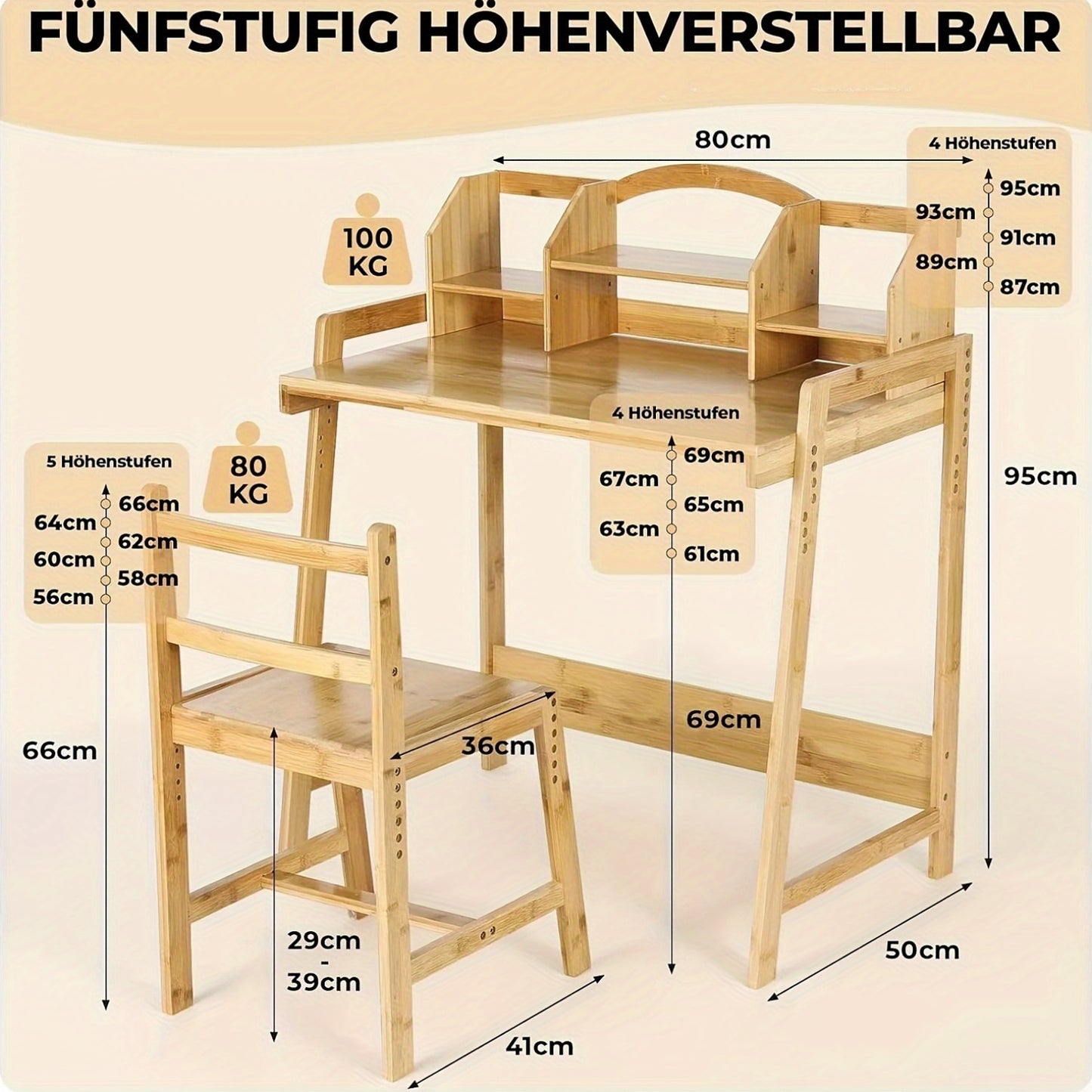 Verstelbare Bureau- En Stoelset – Werkplek Set – Thuiswerkplek – Kinderbureau – Studiebureau – Bamboe Materiaal – Ingebouwde Boekenplank Met Opbergruimte