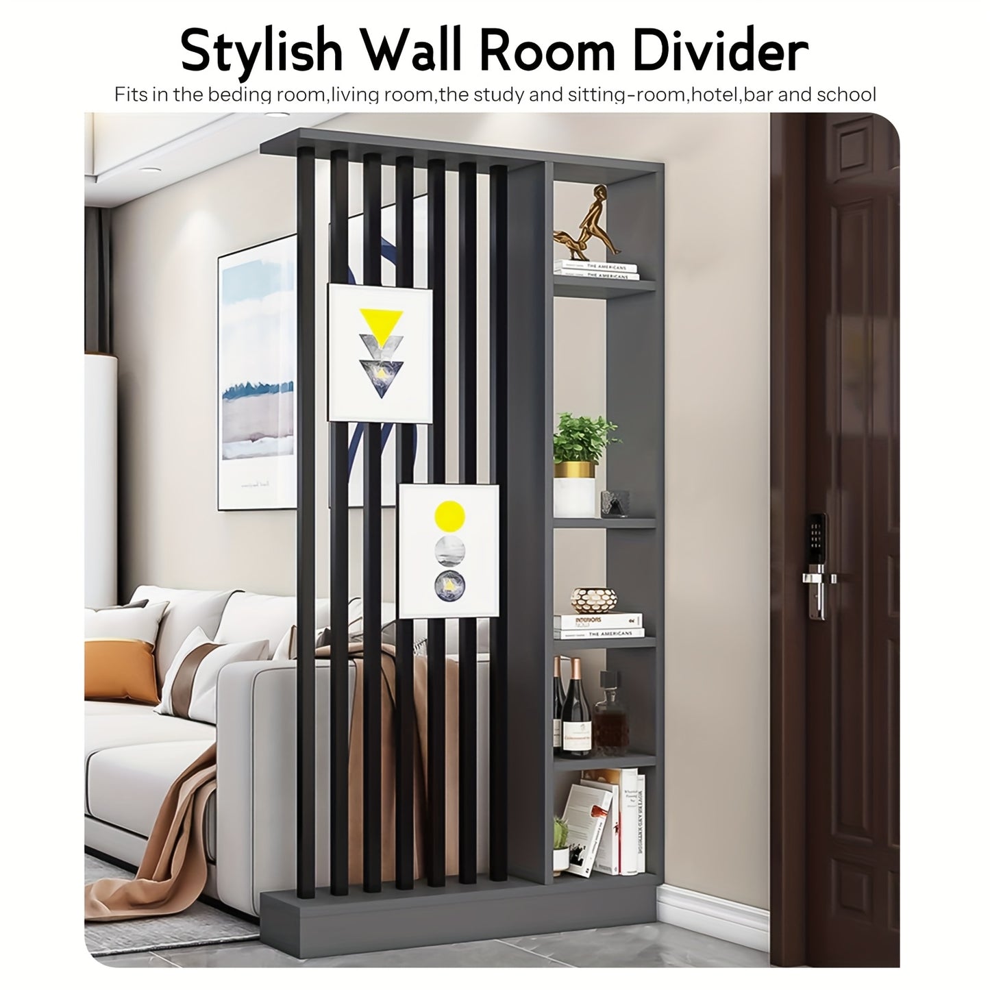 Roomdivider – Scheidingswand – Kamerscherm – Privacywand – Opbergkast – Vrijstaand Houten Design – Ruimtebesparende Verticale Planken – Klassiek Grijs Met Zwarte Details